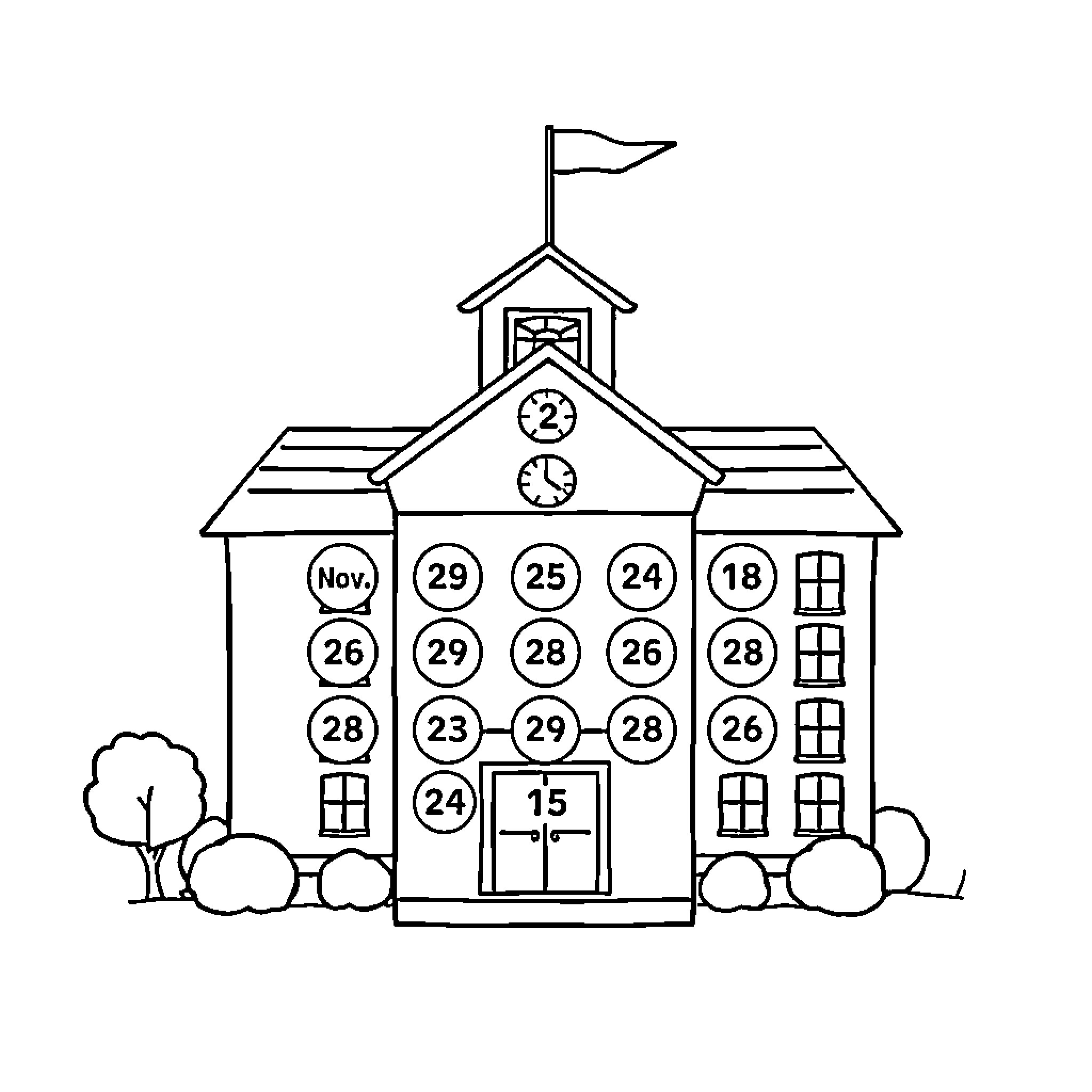 School Building with Calendar Dates Coloring Page (free black-and-white line drawing printable PDF for all, from beginners to advanced learners, including children, teens, adults, and seniors)