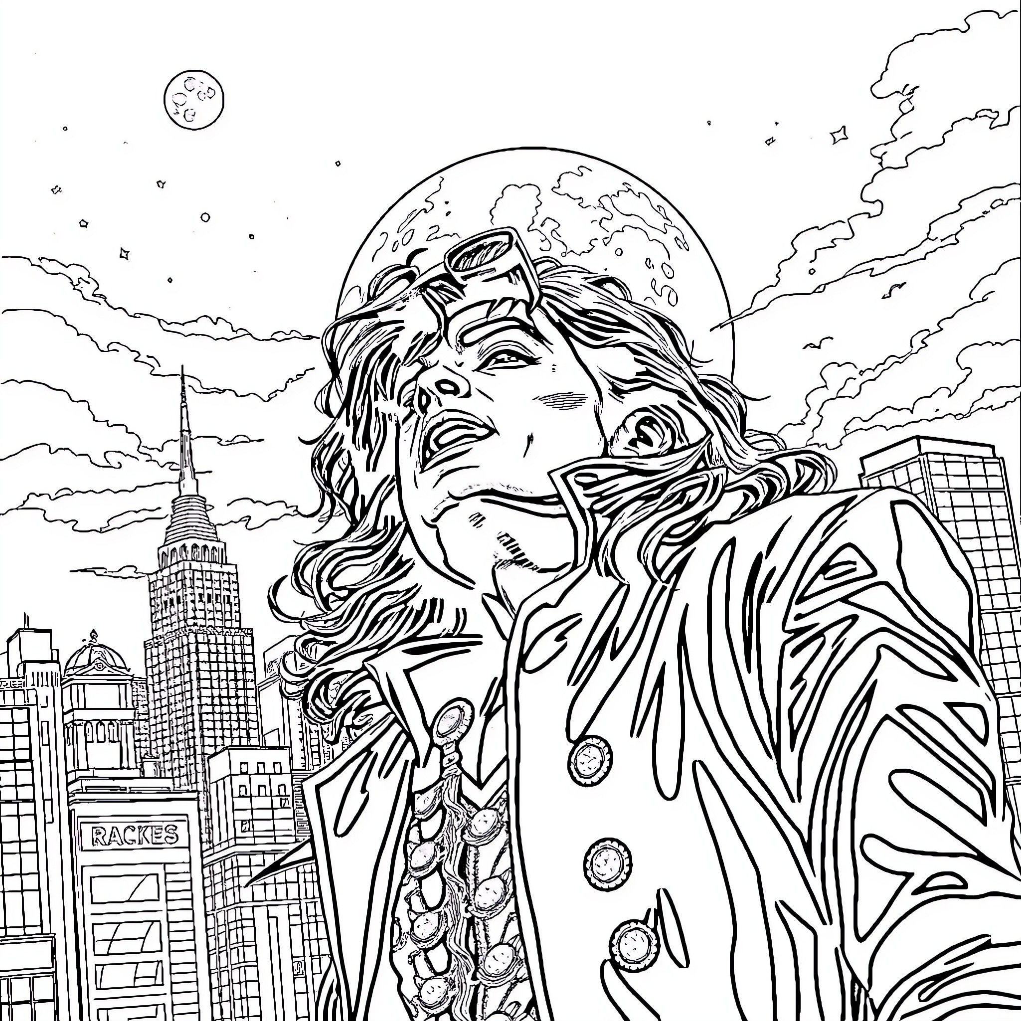 Werewolf howling at the full moon over city skyline Coloring Page (free black-and-white line drawing printable PDF for all, from beginners to advanced learners, including children, teens, adults, and seniors)
