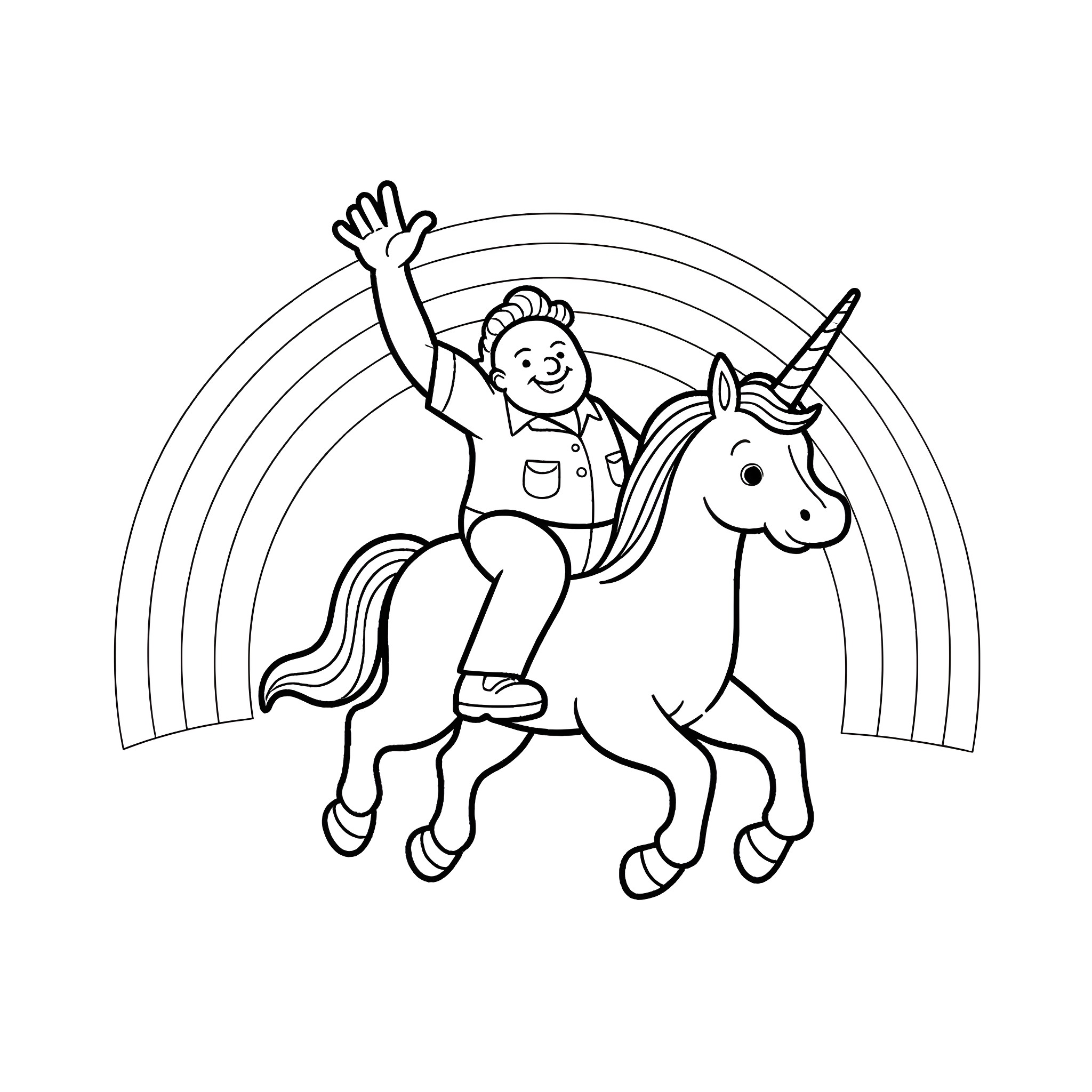 Electrician rides unicorn through rainbow Coloring Page (free black-and-white line drawing printable PDF for all, from beginners to advanced learners, including children, teens, adults, and seniors)