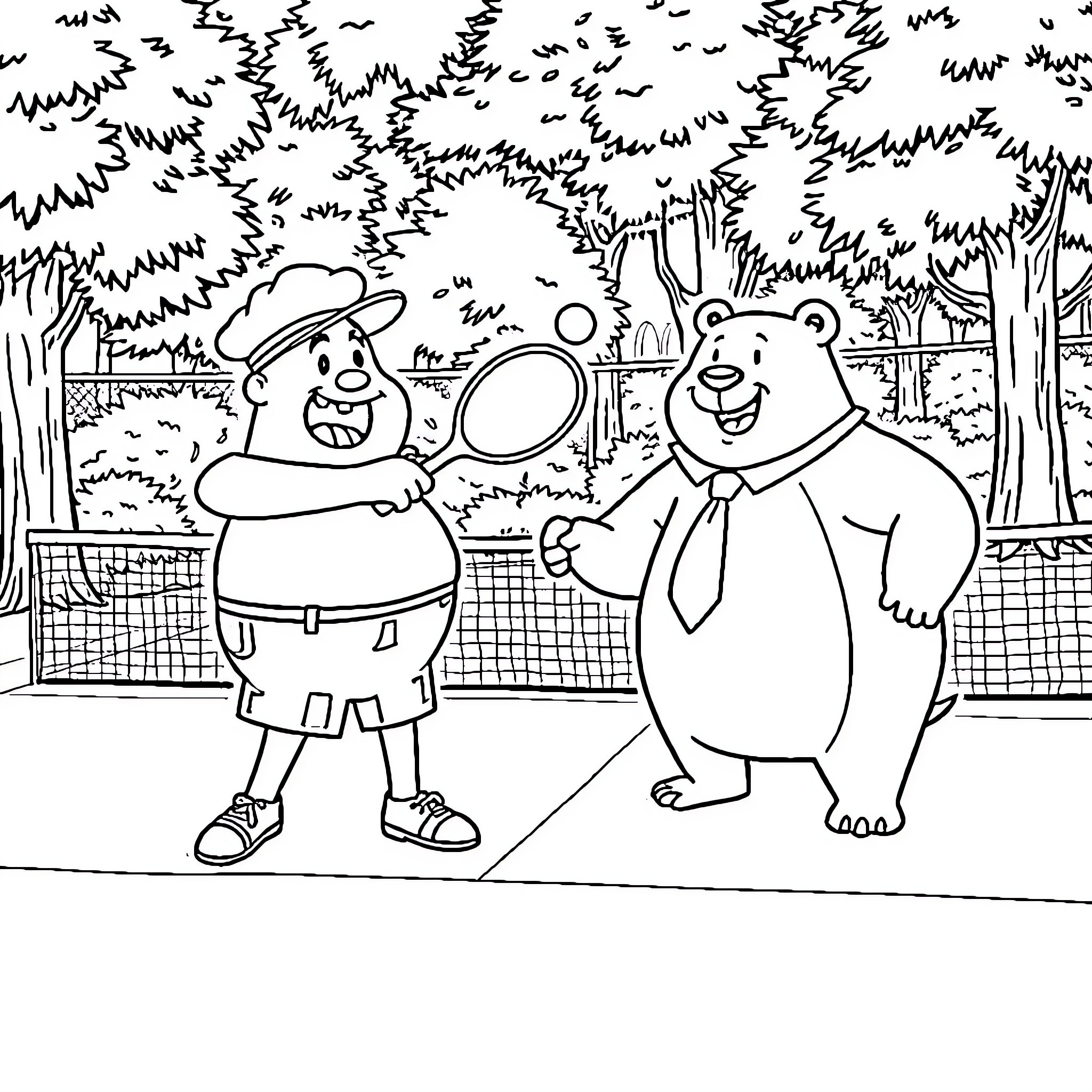 Captain Underpants Explores Nature with His Bear Friend Coloring Page (free black-and-white line drawing printable PDF for all, from beginners to advanced learners, including children, teens, adults, and seniors)