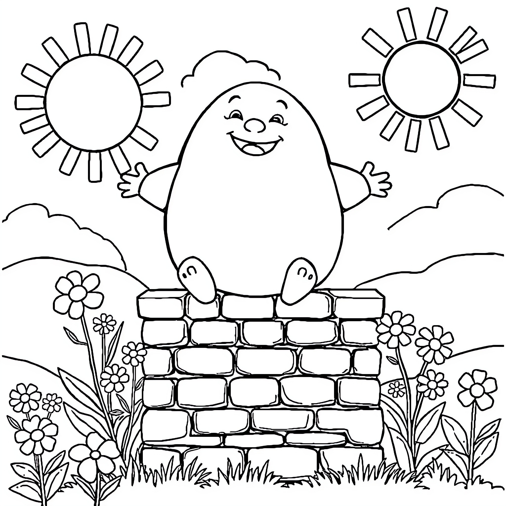 Humpty Dumpty sitting on a wall in the sun Coloring Page (free black-and-white line drawing printable PDF for all, from beginners to advanced learners, including children, teens, adults, and seniors)