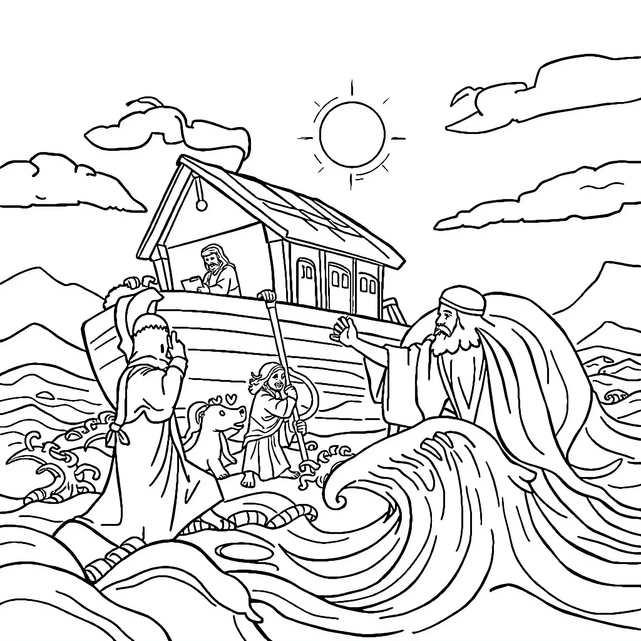 Bible Character Navigating Stormy Waters Coloring Page (free black-and-white line drawing printable PDF for all, from beginners to advanced learners, including children, teens, adults, and seniors)