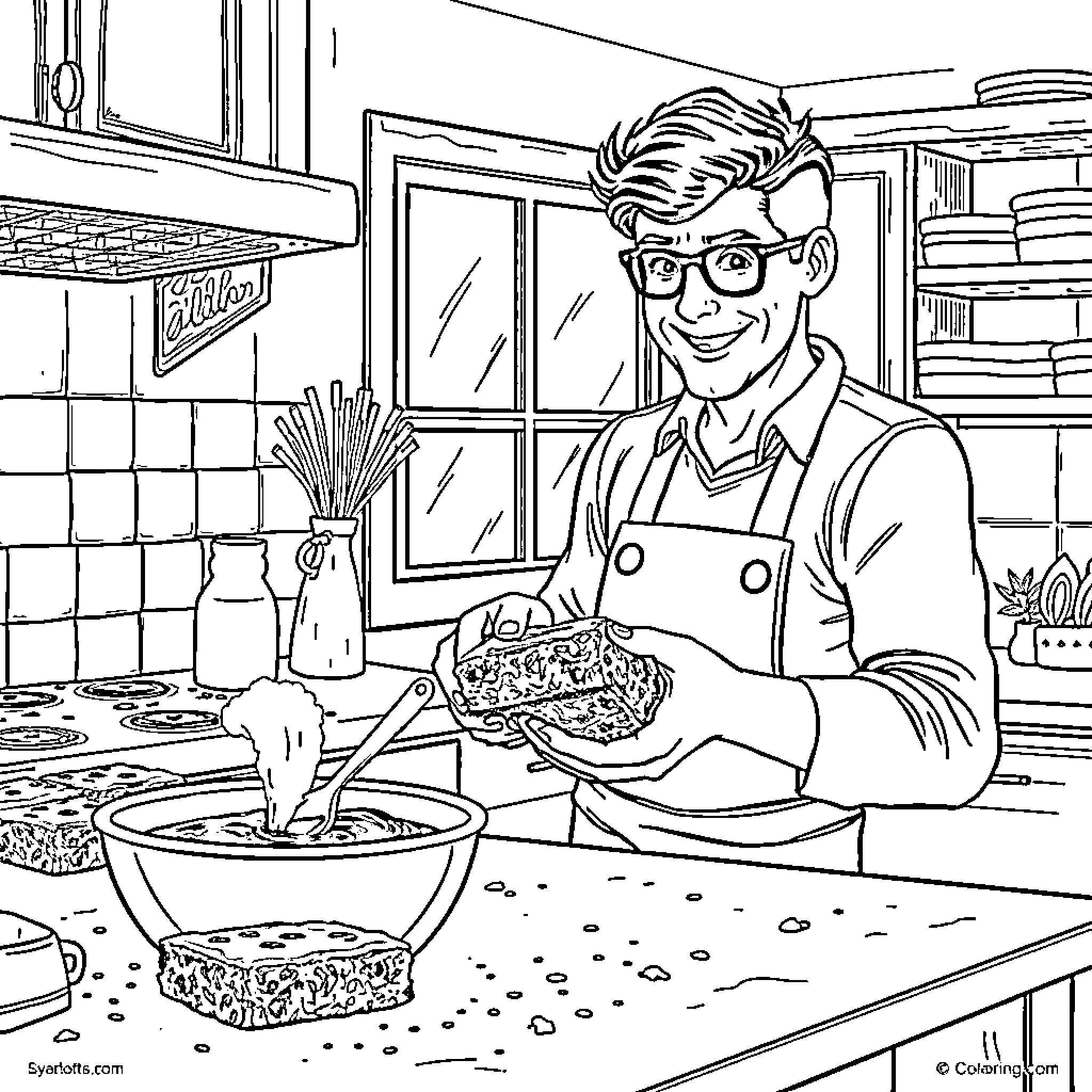 Clark Kent preparing a meal in his kitchen Coloring Page (free black-and-white line drawing printable PDF for all, from beginners to advanced learners, including children, teens, adults, and seniors)