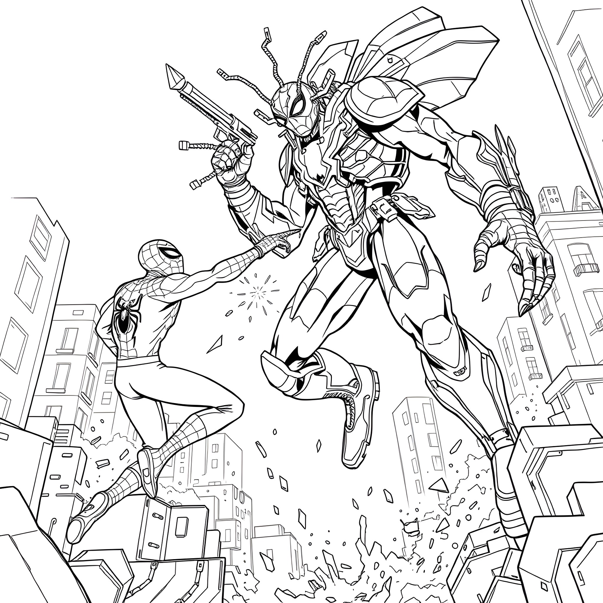Spiderman fights a giant robotic villain in the city Coloring Page (free black-and-white line drawing printable PDF for all, from beginners to advanced learners, including children, teens, adults, and seniors)