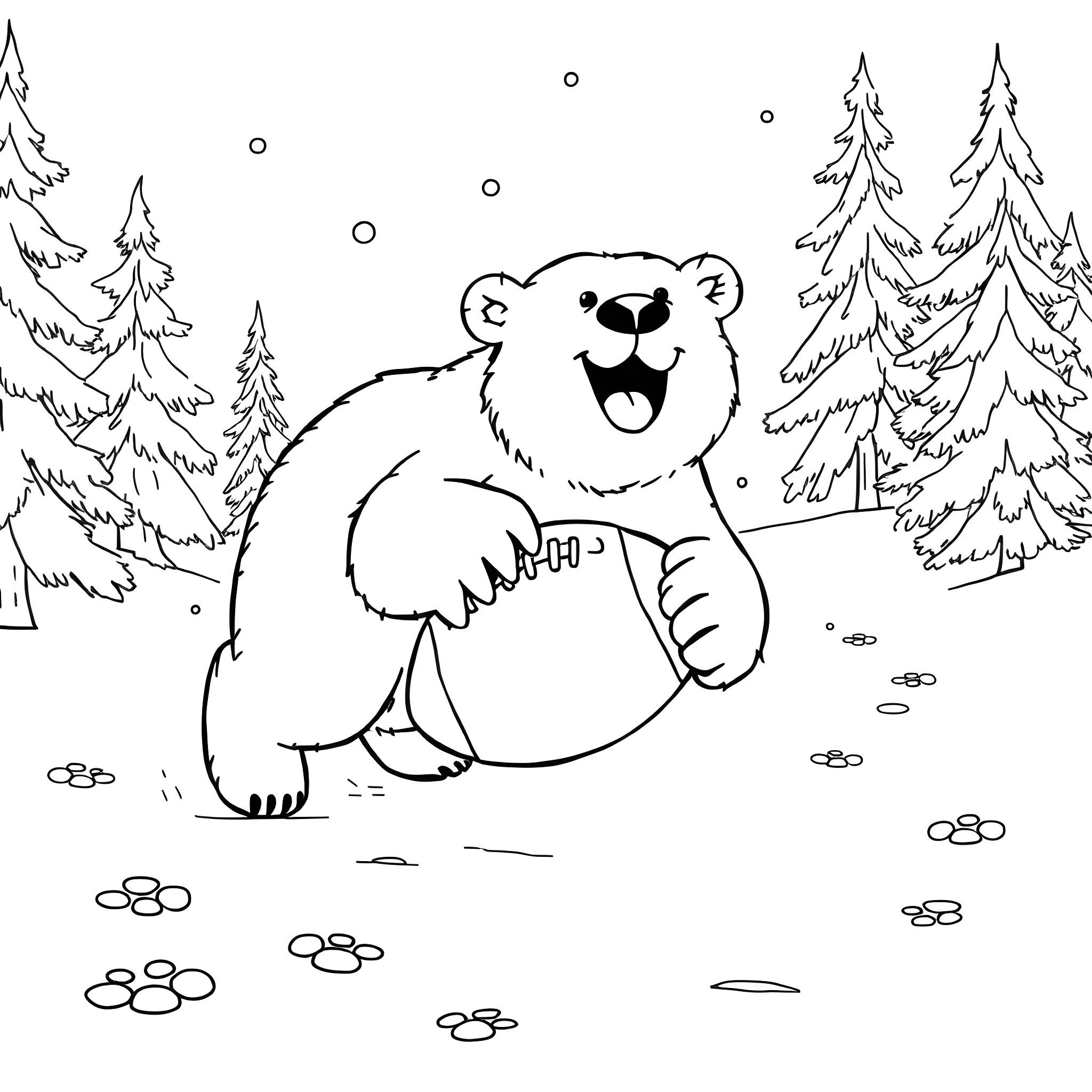 Polar Bear playing joyfully in the snowy forest Coloring Page (free black-and-white line drawing printable PDF for all, from beginners to advanced learners, including children, teens, adults, and seniors)