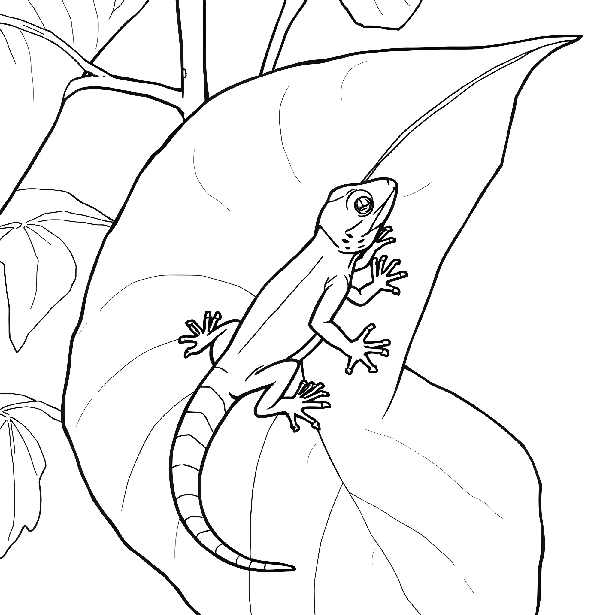 Emerald Tree Skink perched on a tree branch Coloring Page (free black-and-white line drawing printable PDF for all, from beginners to advanced learners, including children, teens, adults, and seniors)