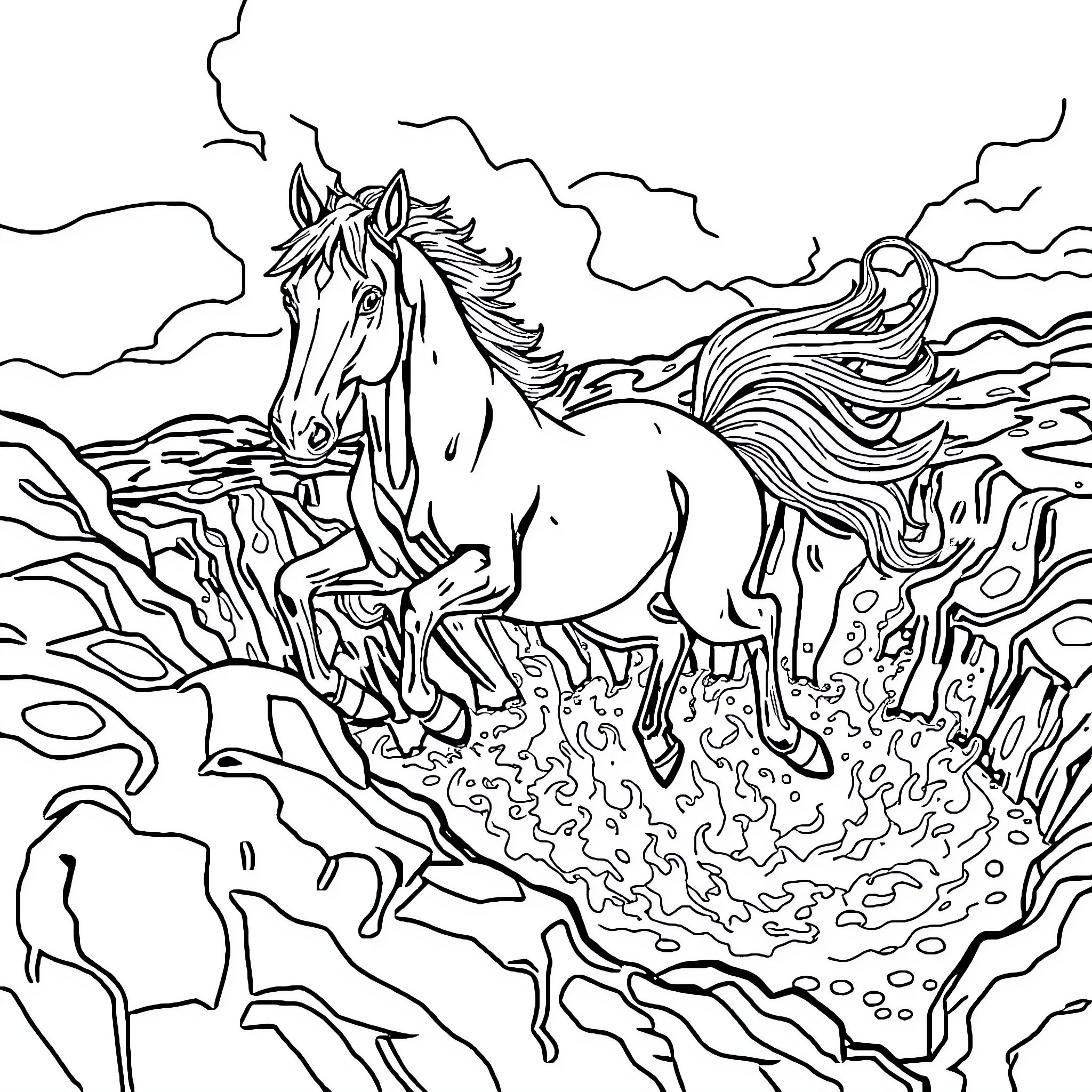 Horse galloping through the stormy landscape Coloring Page (free black-and-white line drawing printable PDF for all, from beginners to advanced learners, including children, teens, adults, and seniors)