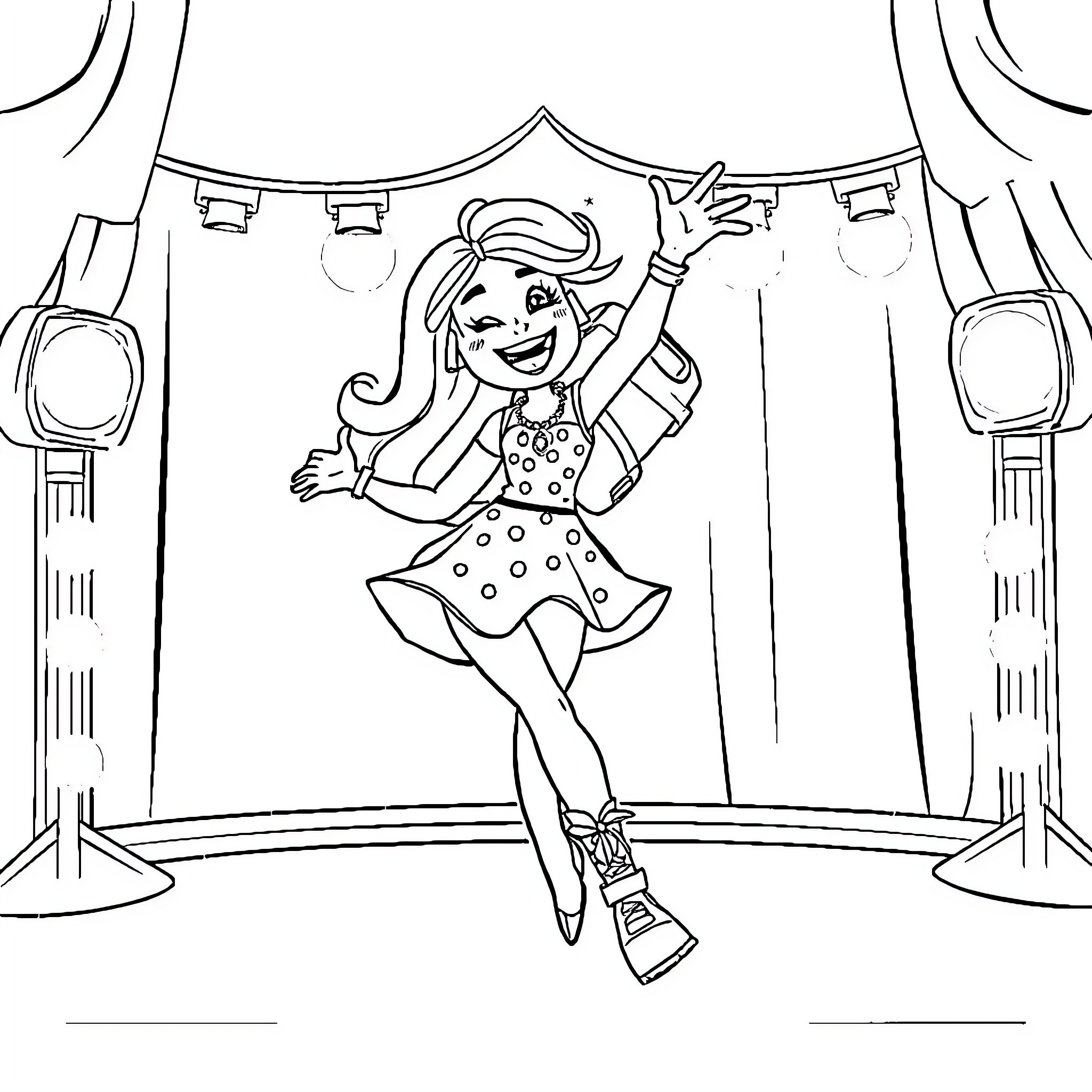 Colette's Joyful Stage Performance Coloring Page (free black-and-white line drawing printable PDF for all, from beginners to advanced learners, including children, teens, adults, and seniors)
