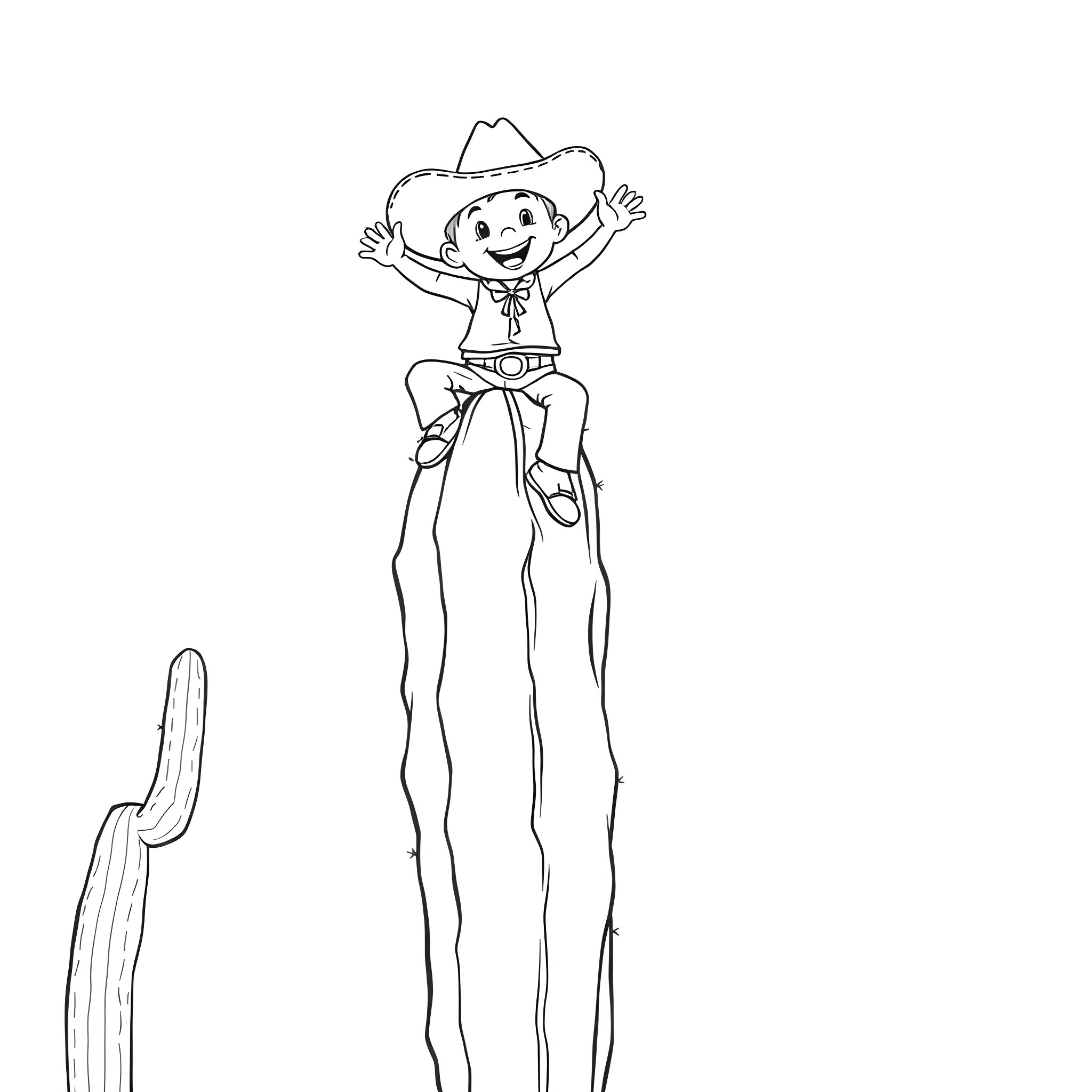 Lady cowboy happily waving arms in the air Coloring Page (free black-and-white line drawing printable PDF for all, from beginners to advanced learners, including children, teens, adults, and seniors)