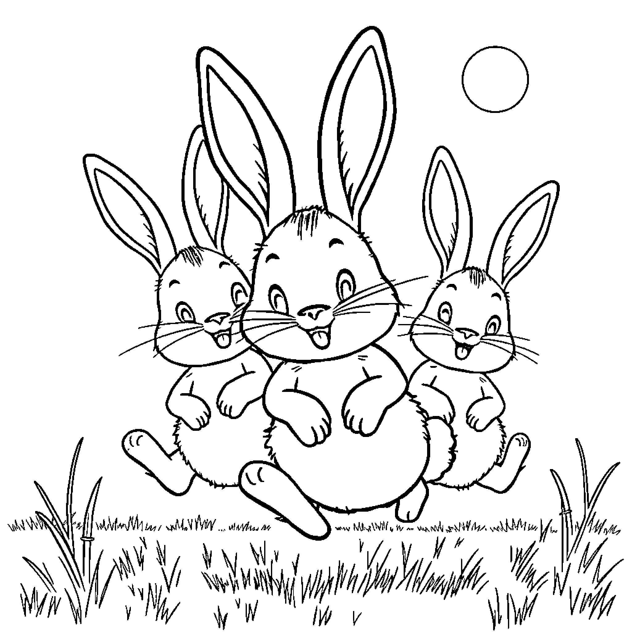 Bunny friends enjoying the outdoors Coloring Page (free black-and-white line drawing printable PDF for all, from beginners to advanced learners, including children, teens, adults, and seniors)