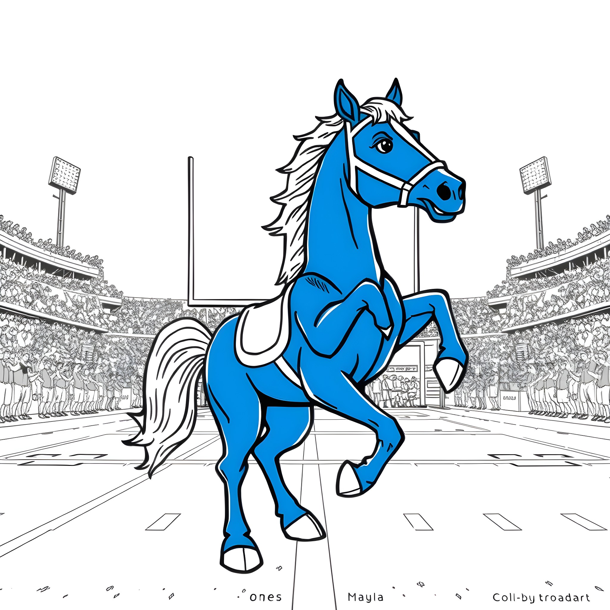 Blue Horse Galloping in Stadium Coloring Page (free black-and-white line drawing printable PDF for all, from beginners to advanced learners, including children, teens, adults, and seniors)