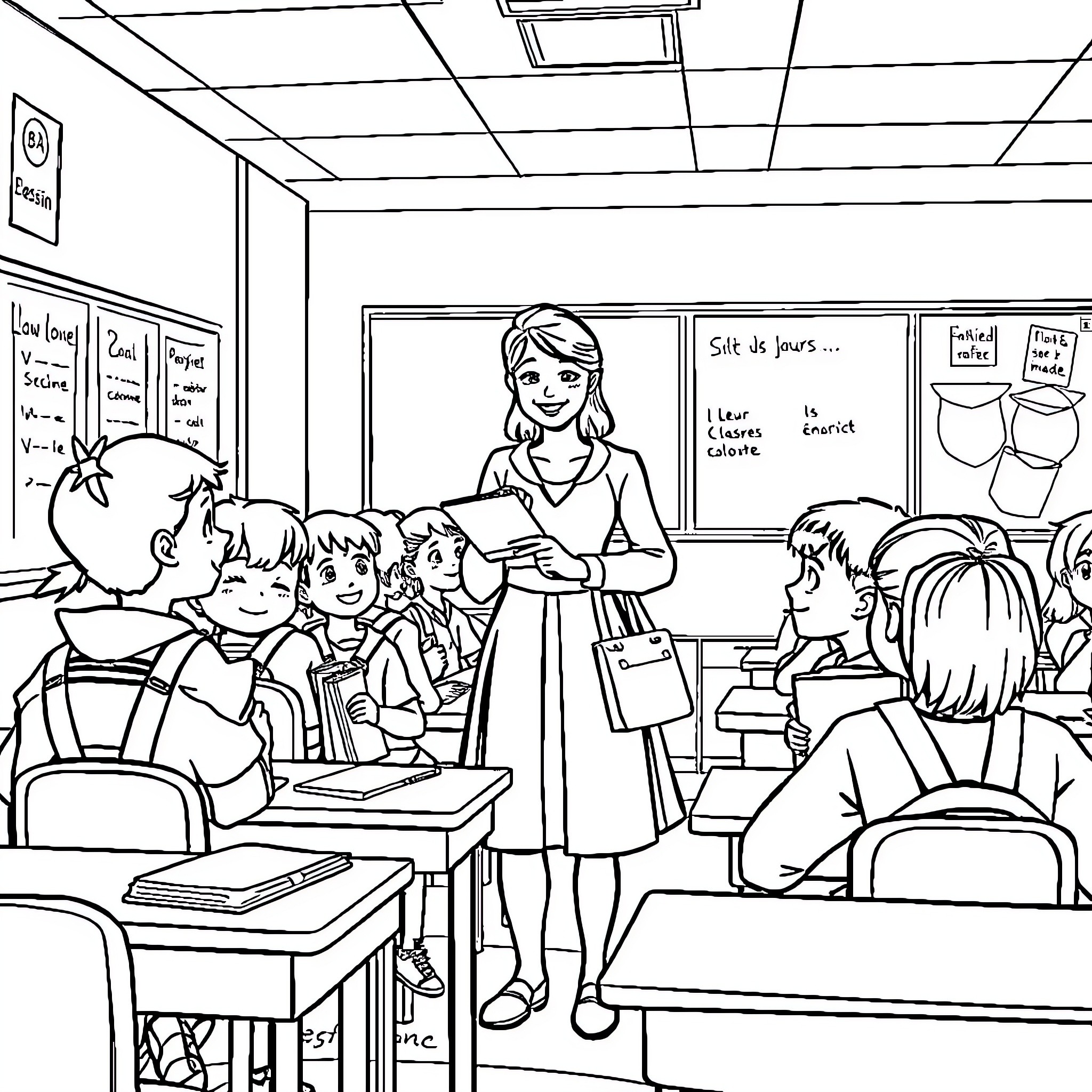 Élève interagit avec les élèves en classe Coloring Page (free black-and-white line drawing printable PDF for all, from beginners to advanced learners, including children, teens, adults, and seniors)