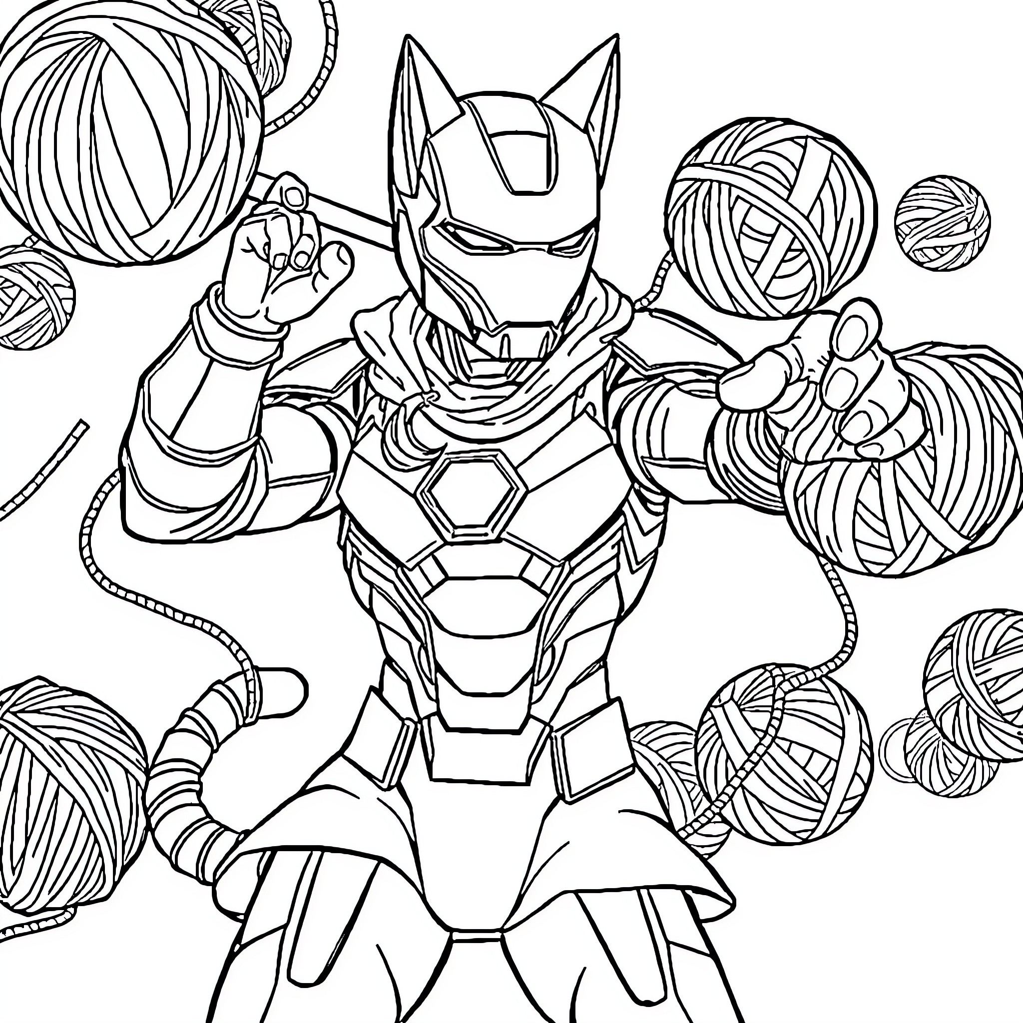 Ironman Surrounded by Yarn Balls and Knitting Supplies Coloring Page (free black-and-white line drawing printable PDF for all, from beginners to advanced learners, including children, teens, adults, and seniors)