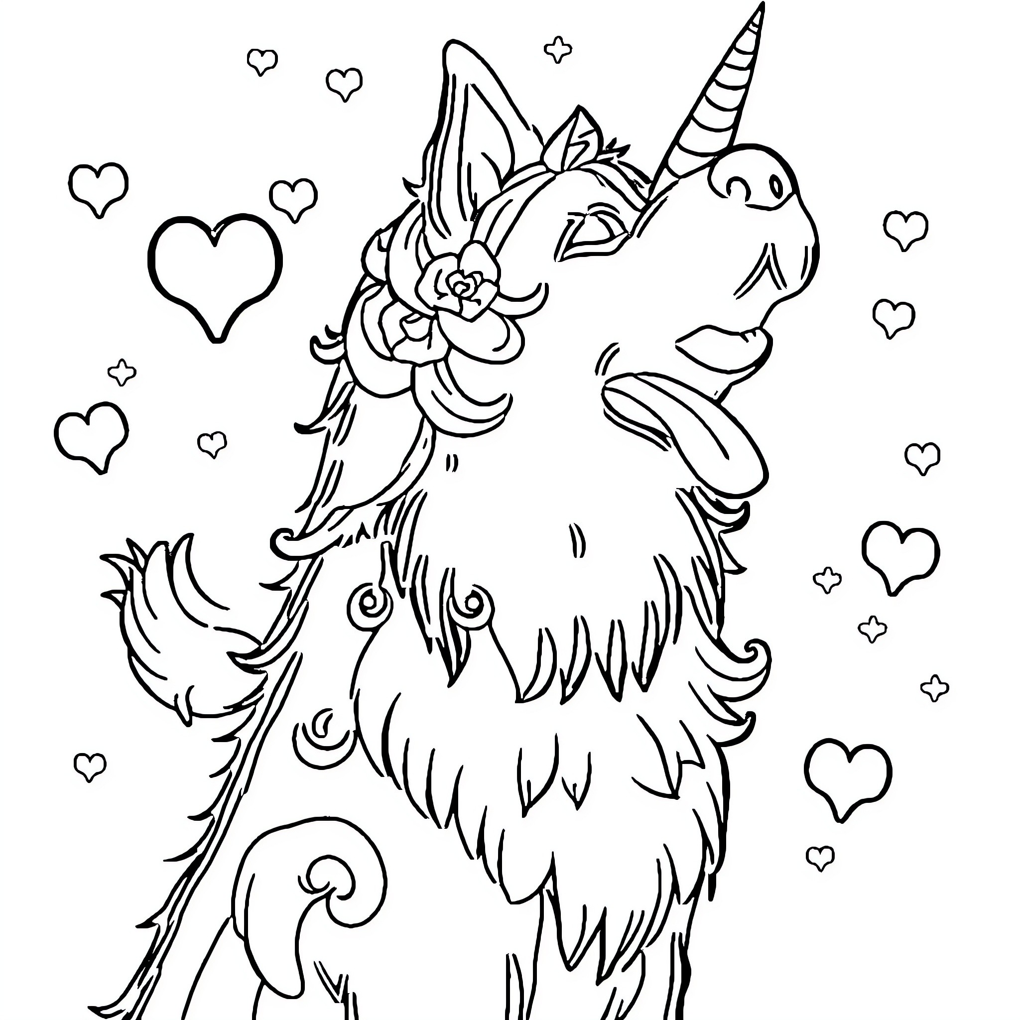 Unicorn Dog with Floral Crown and Hearts Coloring Page (free black-and-white line drawing printable PDF for all, from beginners to advanced learners, including children, teens, adults, and seniors)