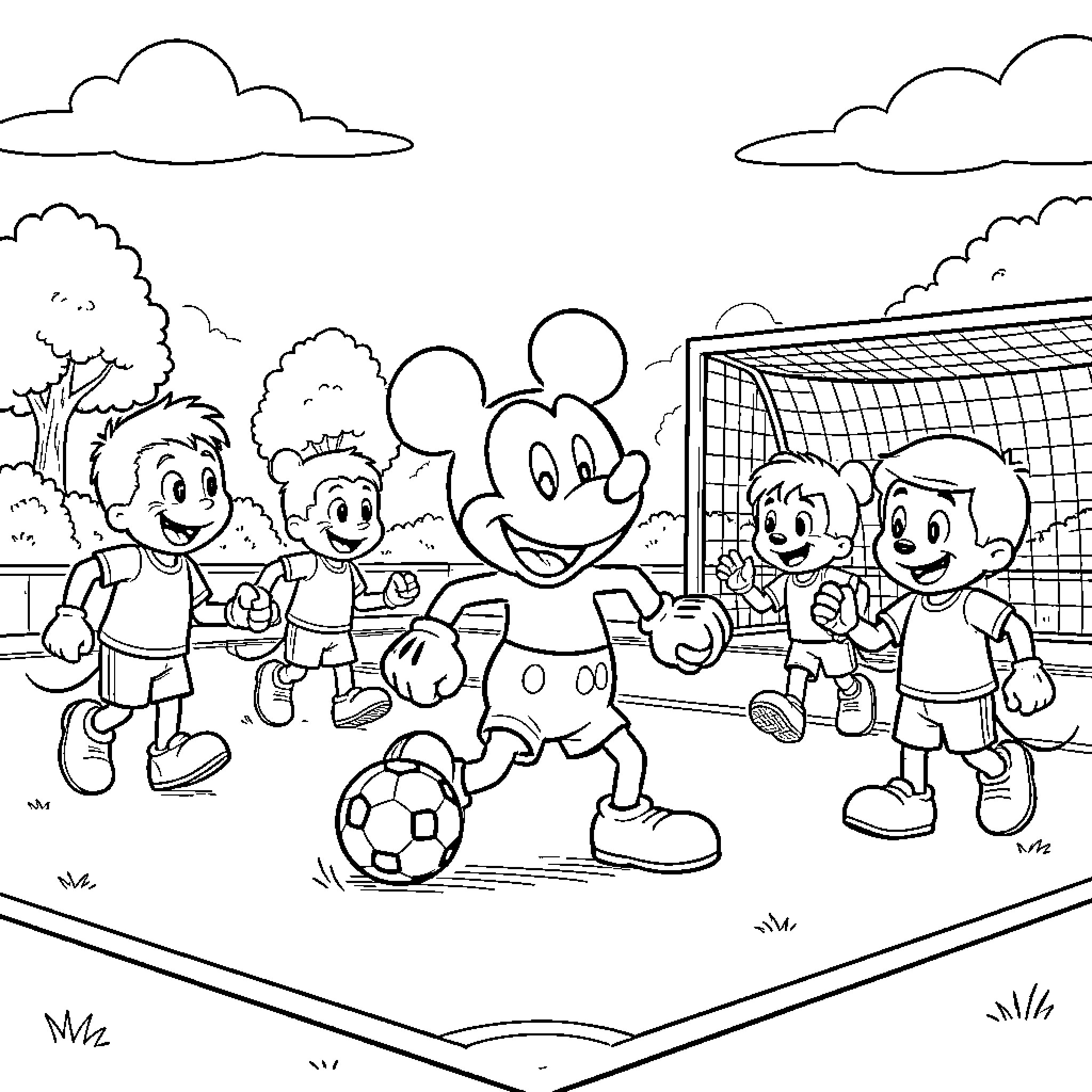 Mickey playing soccer with children in a park Coloring Page (free black-and-white line drawing printable PDF for all, from beginners to advanced learners, including children, teens, adults, and seniors)