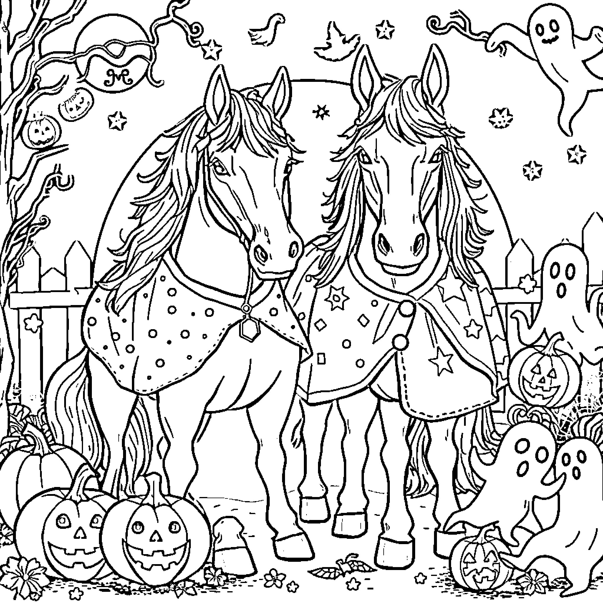 Horses enjoying a Halloween parade with pumpkins Coloring Page (free black-and-white line drawing printable PDF for all, from beginners to advanced learners, including children, teens, adults, and seniors)