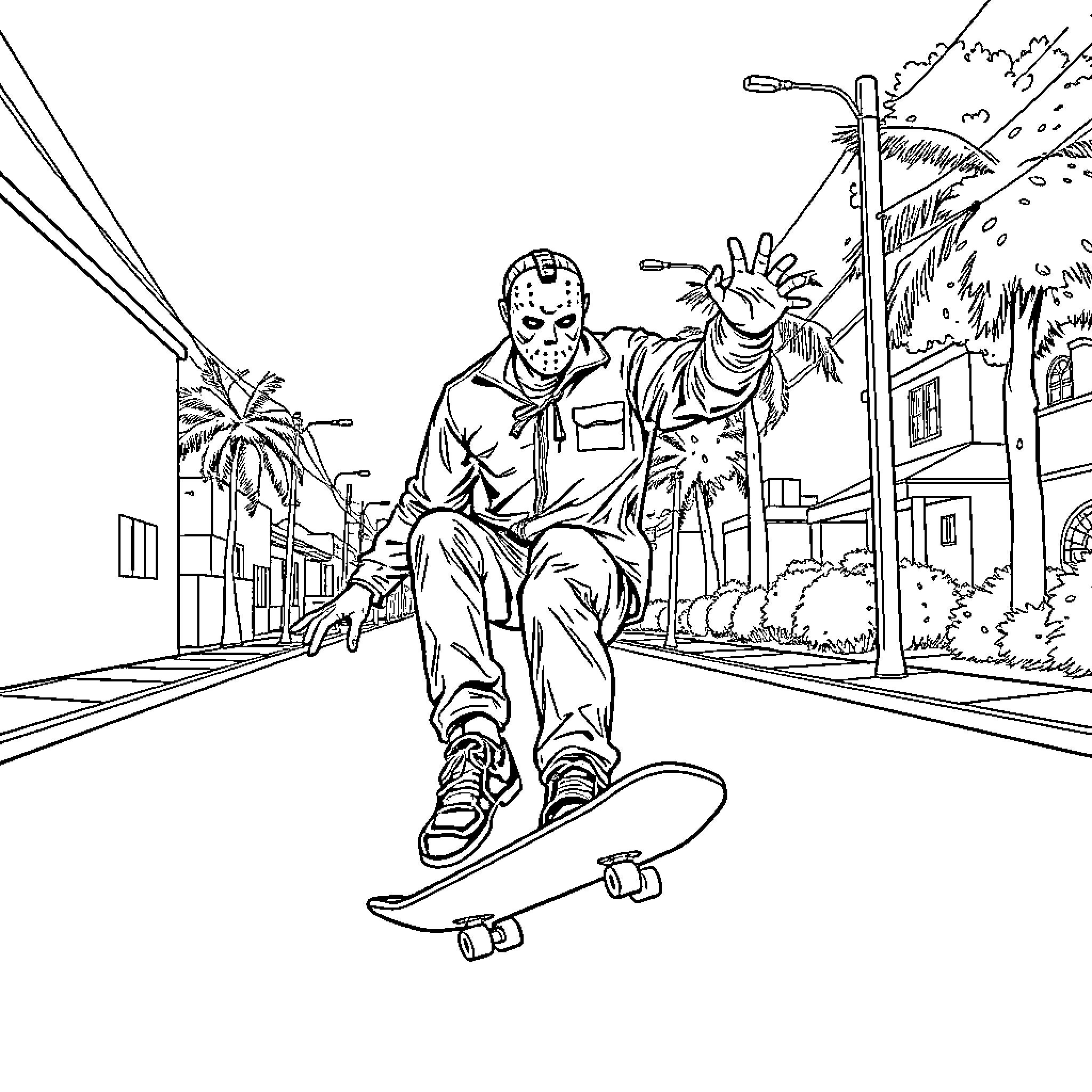 Jason Voorhees skateboarding through the city streets Coloring Page (free black-and-white line drawing printable PDF for all, from beginners to advanced learners, including children, teens, adults, and seniors)