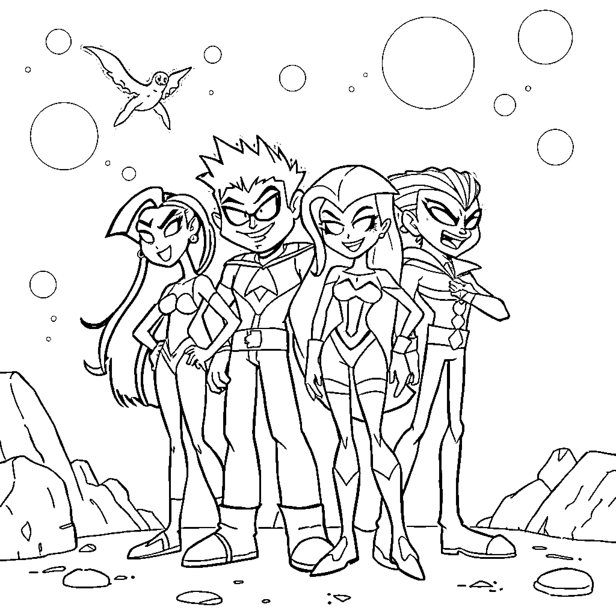 ACOTAR: Heroines in Adventurous Poses Coloring Page (free black-and-white line drawing printable PDF for all, from beginners to advanced learners, including children, teens, adults, and seniors)