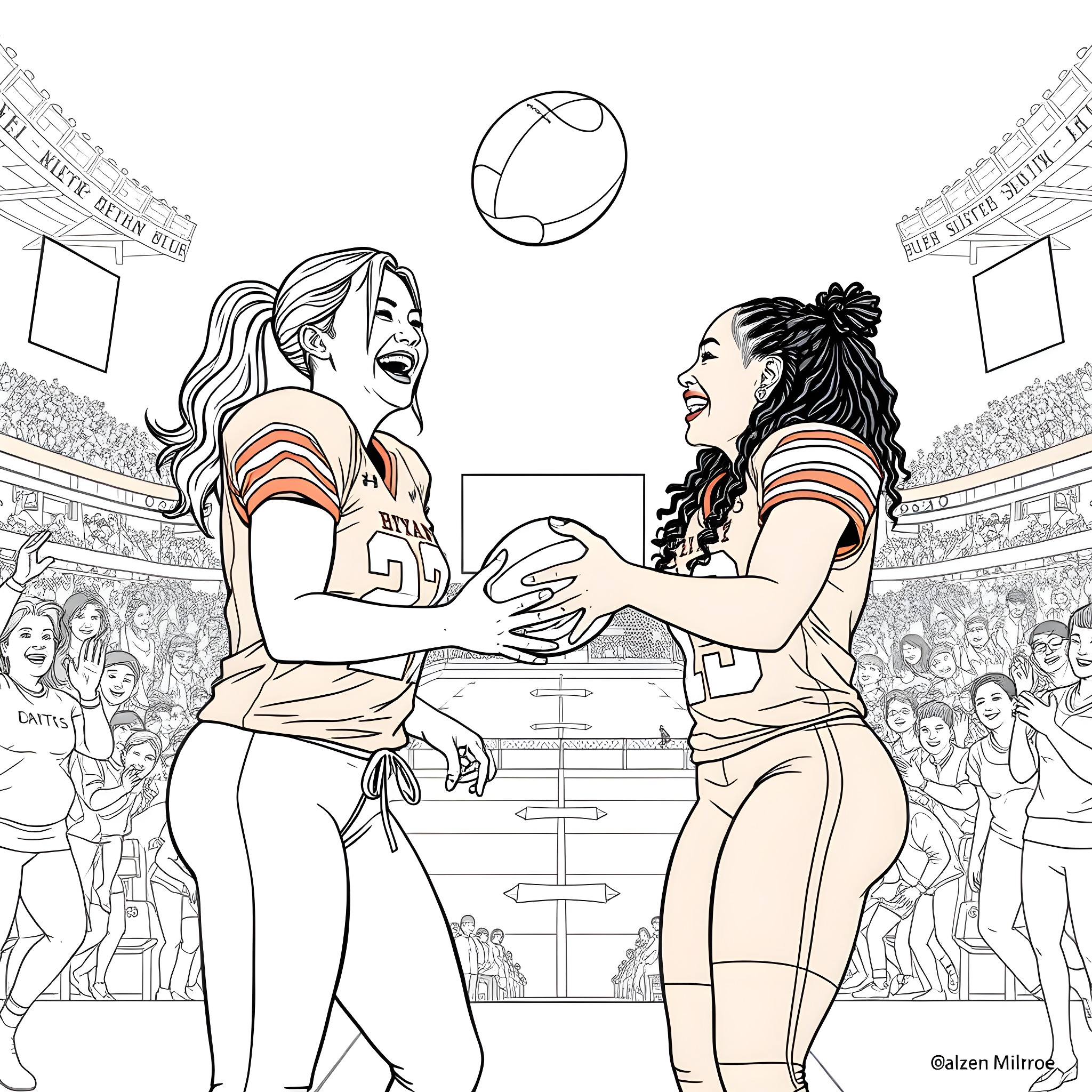 Alexis Texas volleyball players celebrating victory on the court Coloring Page (free black-and-white line drawing printable PDF for all, from beginners to advanced learners, including children, teens, adults, and seniors)