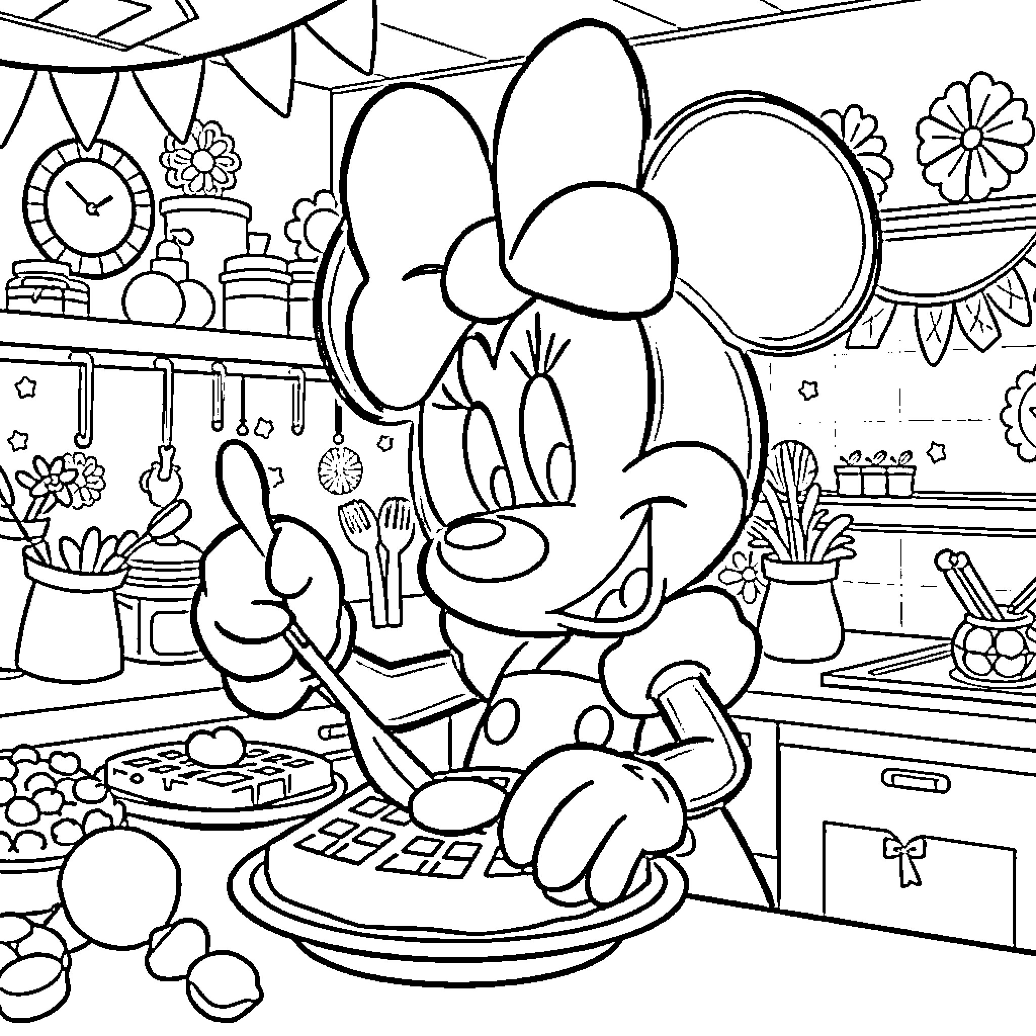 Minnie Mouse baking in a festive kitchen Coloring Page (free black-and-white line drawing printable PDF for all, from beginners to advanced learners, including children, teens, adults, and seniors)