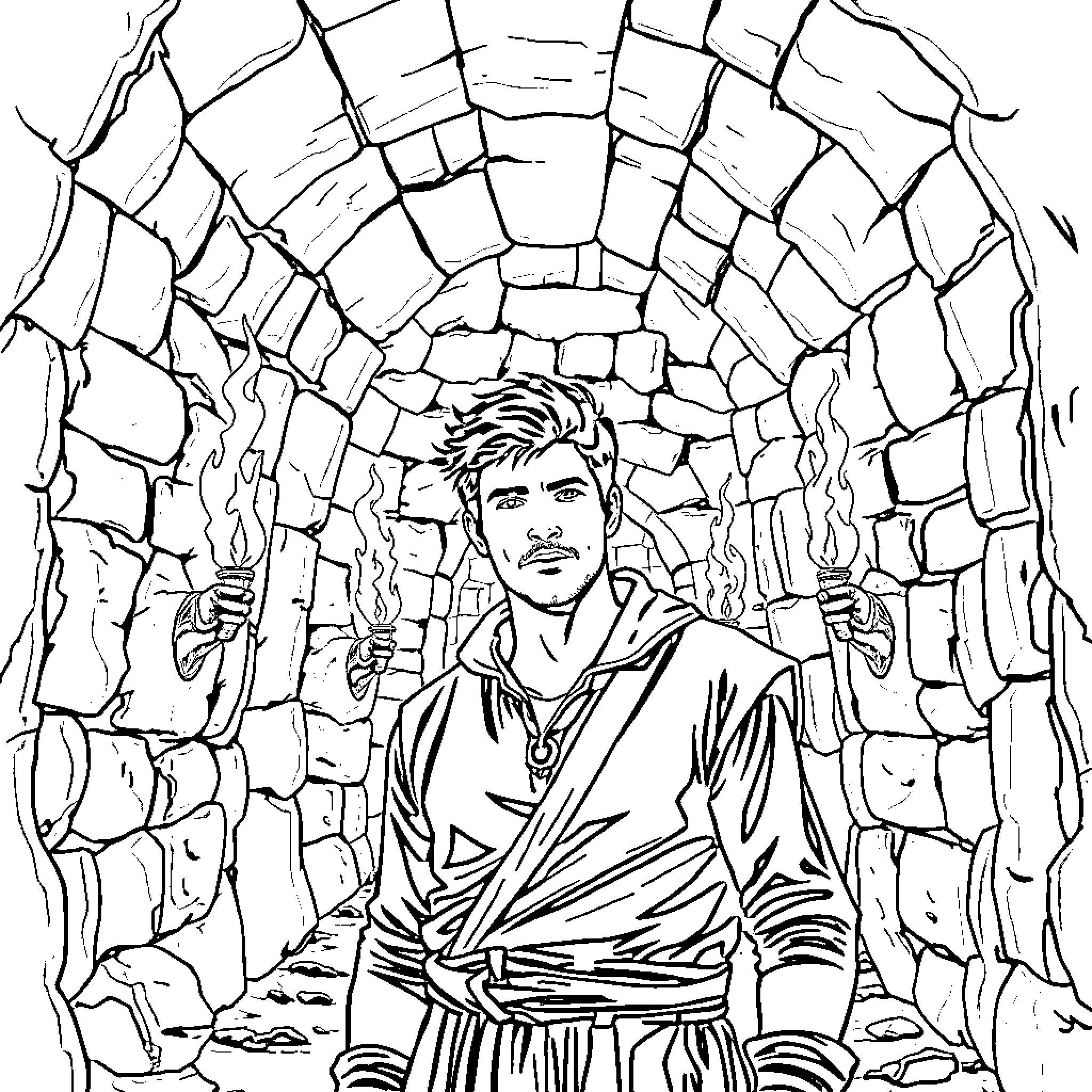 Pedro Pascal as a courageous explorer in a rocky cavern Coloring Page (free black-and-white line drawing printable PDF for all, from beginners to advanced learners, including children, teens, adults, and seniors)
