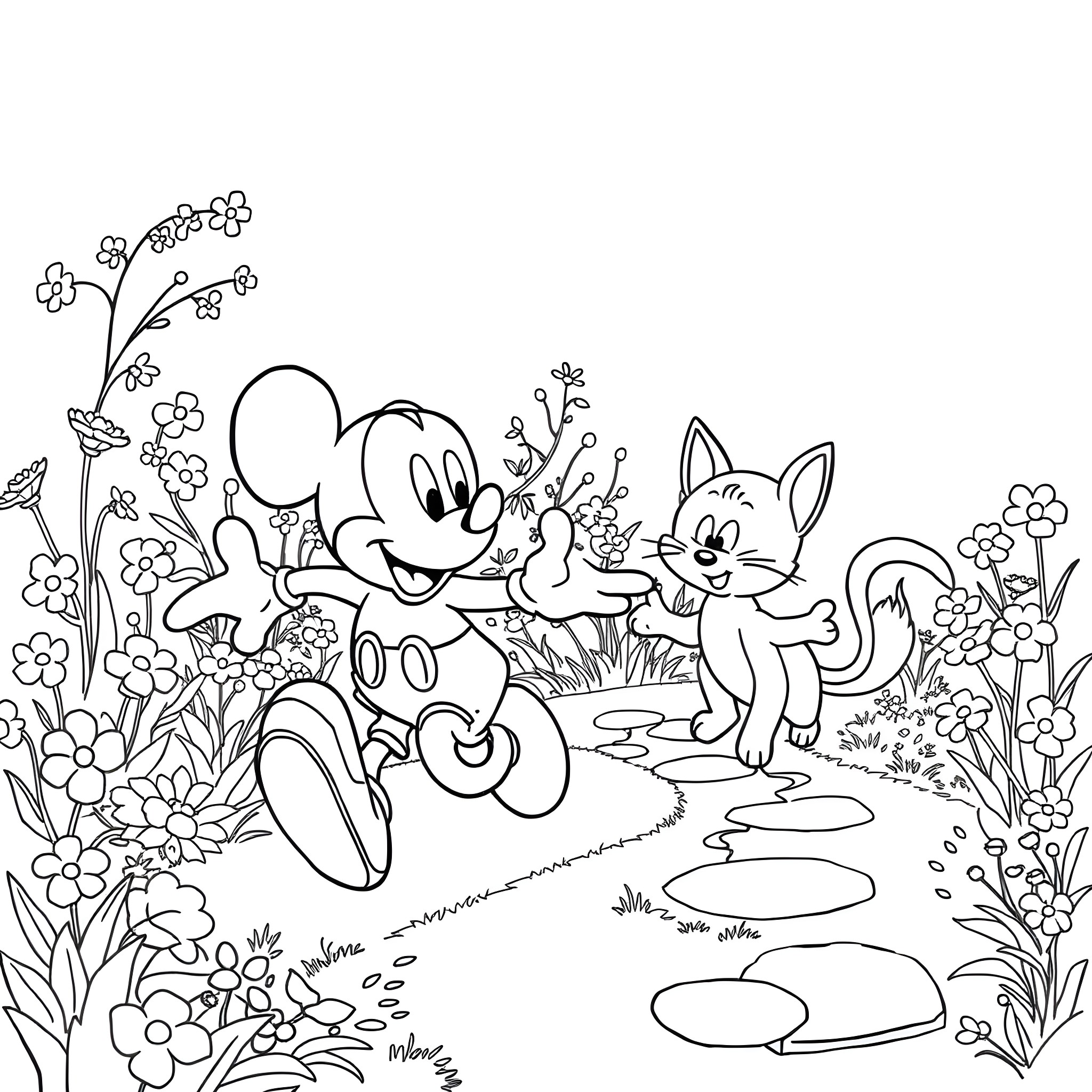 Mickey Mouse and friends exploring the floral garden Coloring Page (free black-and-white line drawing printable PDF for all, from beginners to advanced learners, including children, teens, adults, and seniors)