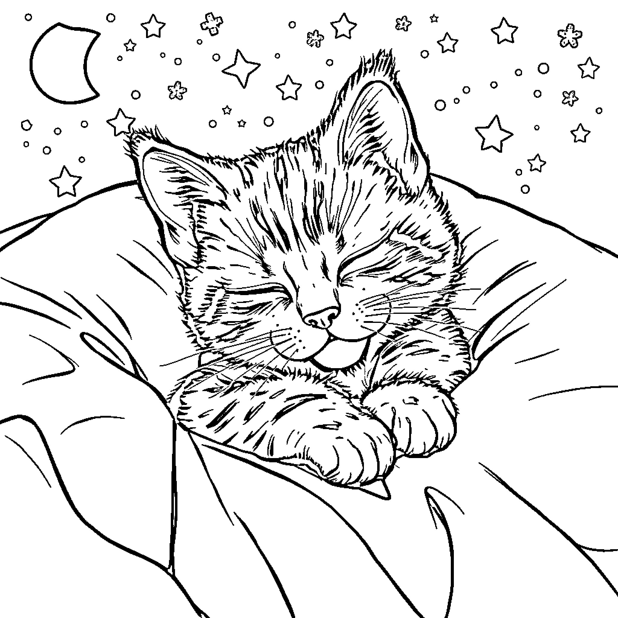 Kitten sleeping peacefully under the starry night sky Coloring Page (free black-and-white line drawing printable PDF for all, from beginners to advanced learners, including children, teens, adults, and seniors)
