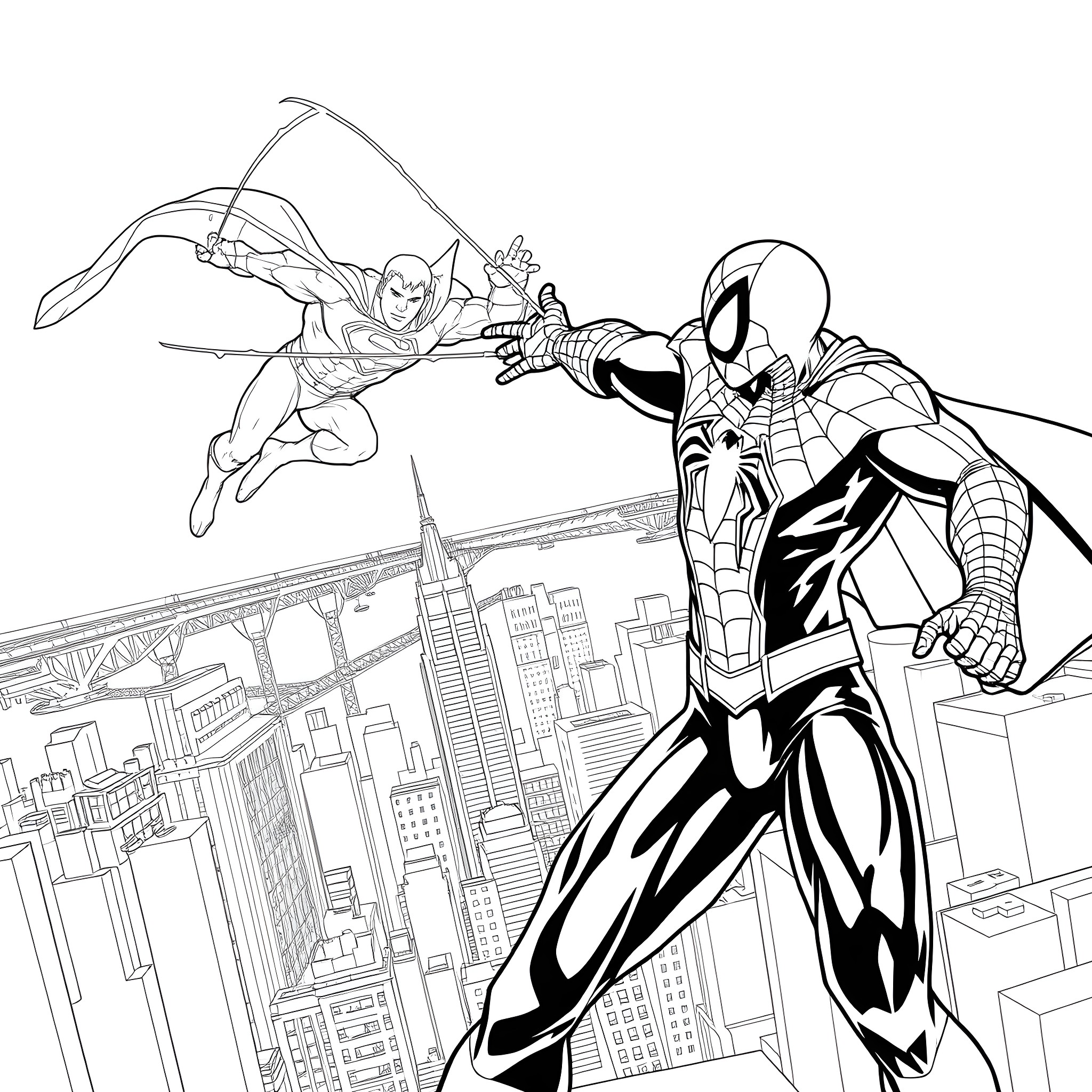 Spiderman battles against a powerful foe in the city Coloring Page (free black-and-white line drawing printable PDF for all, from beginners to advanced learners, including children, teens, adults, and seniors)