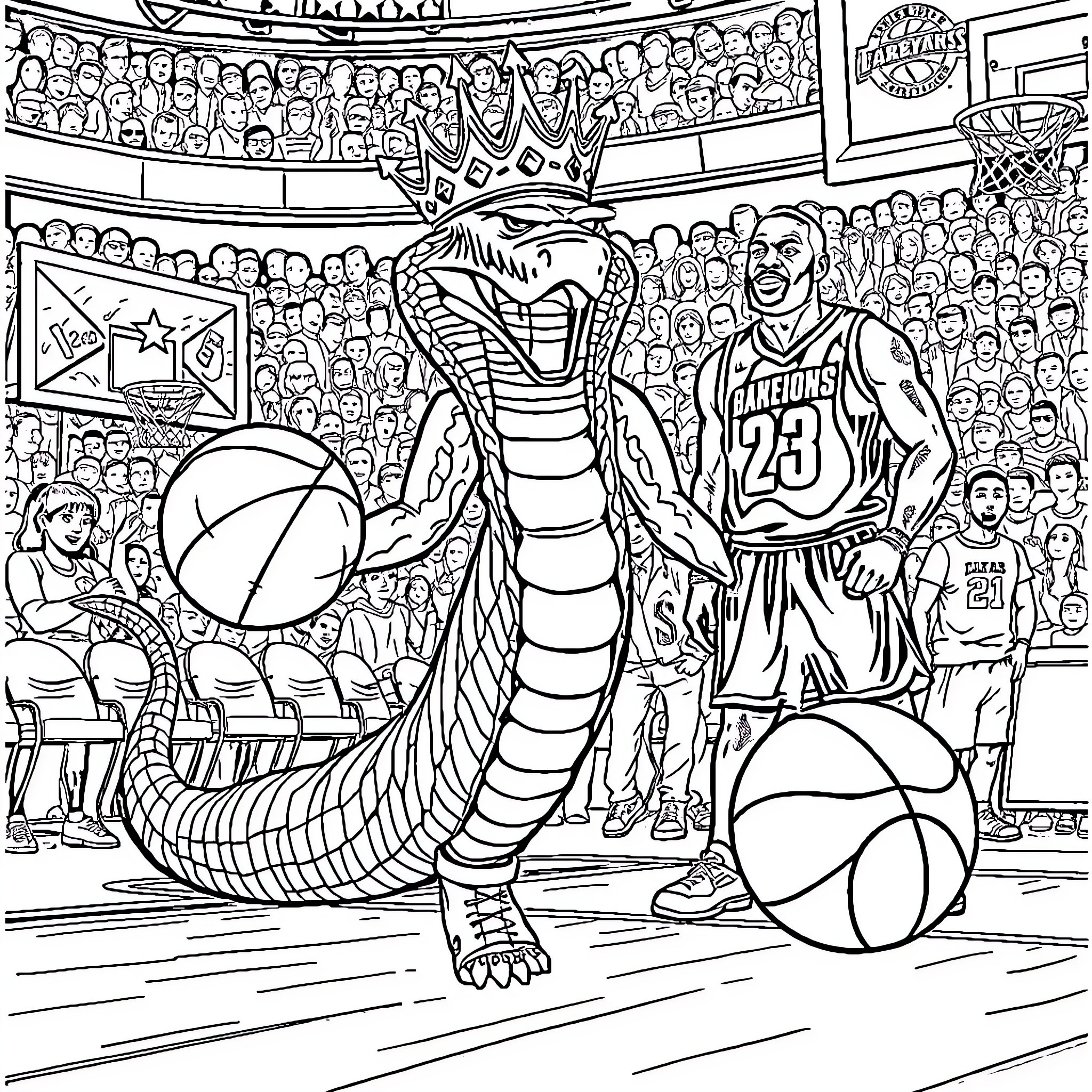 Cobra challenges basketball champion on court Coloring Page (free black-and-white line drawing printable PDF for all, from beginners to advanced learners, including children, teens, adults, and seniors)