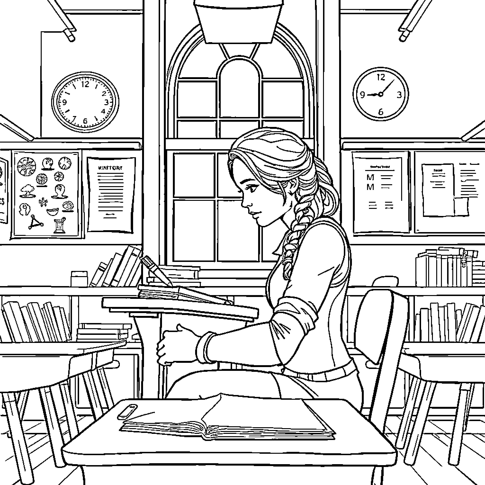 Katniss studying intently in a classroom setting Coloring Page (free black-and-white line drawing printable PDF for all, from beginners to advanced learners, including children, teens, adults, and seniors)