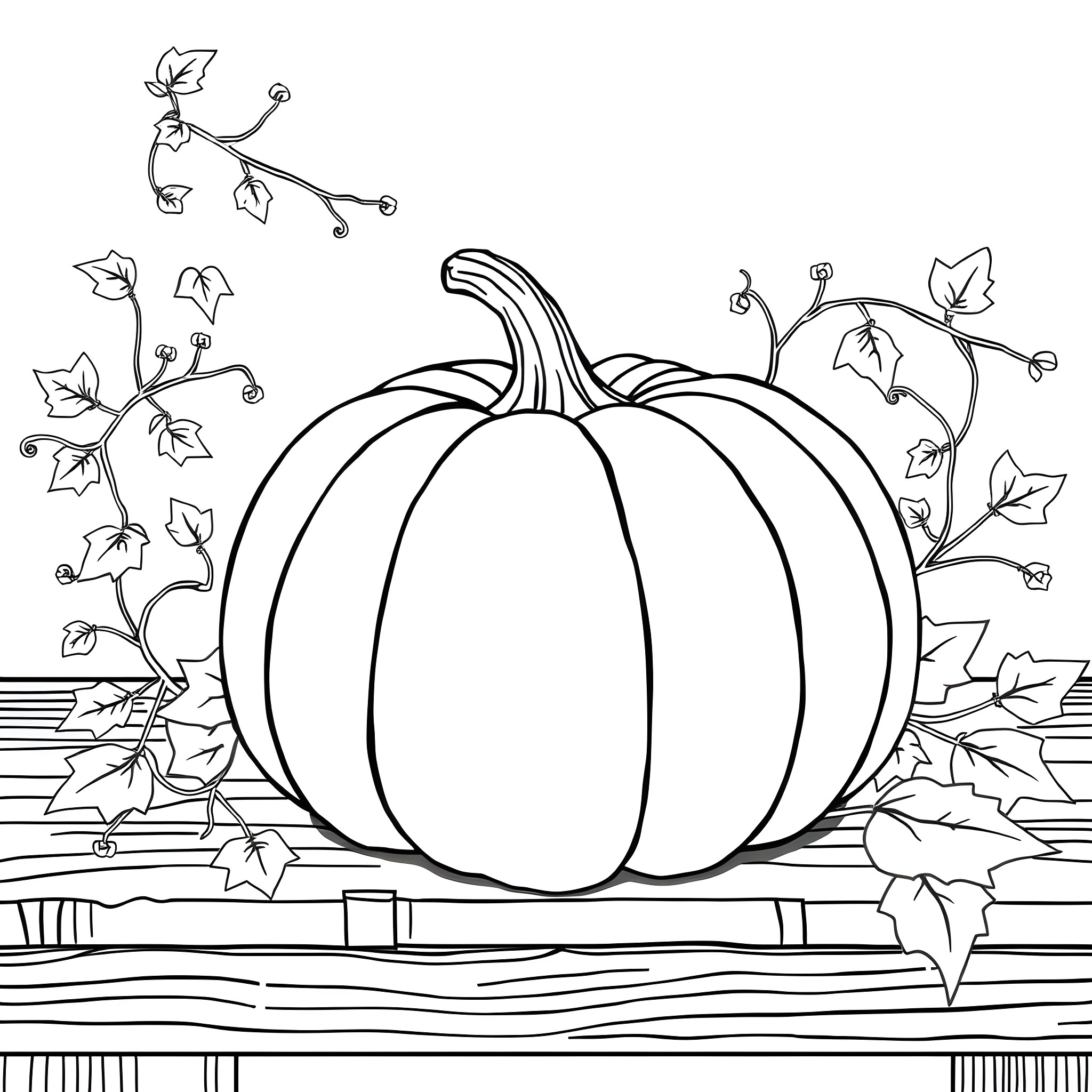 Pumpkin surrounded by decorative autumn leaves Coloring Page (free black-and-white line drawing printable PDF for all, from beginners to advanced learners, including children, teens, adults, and seniors)