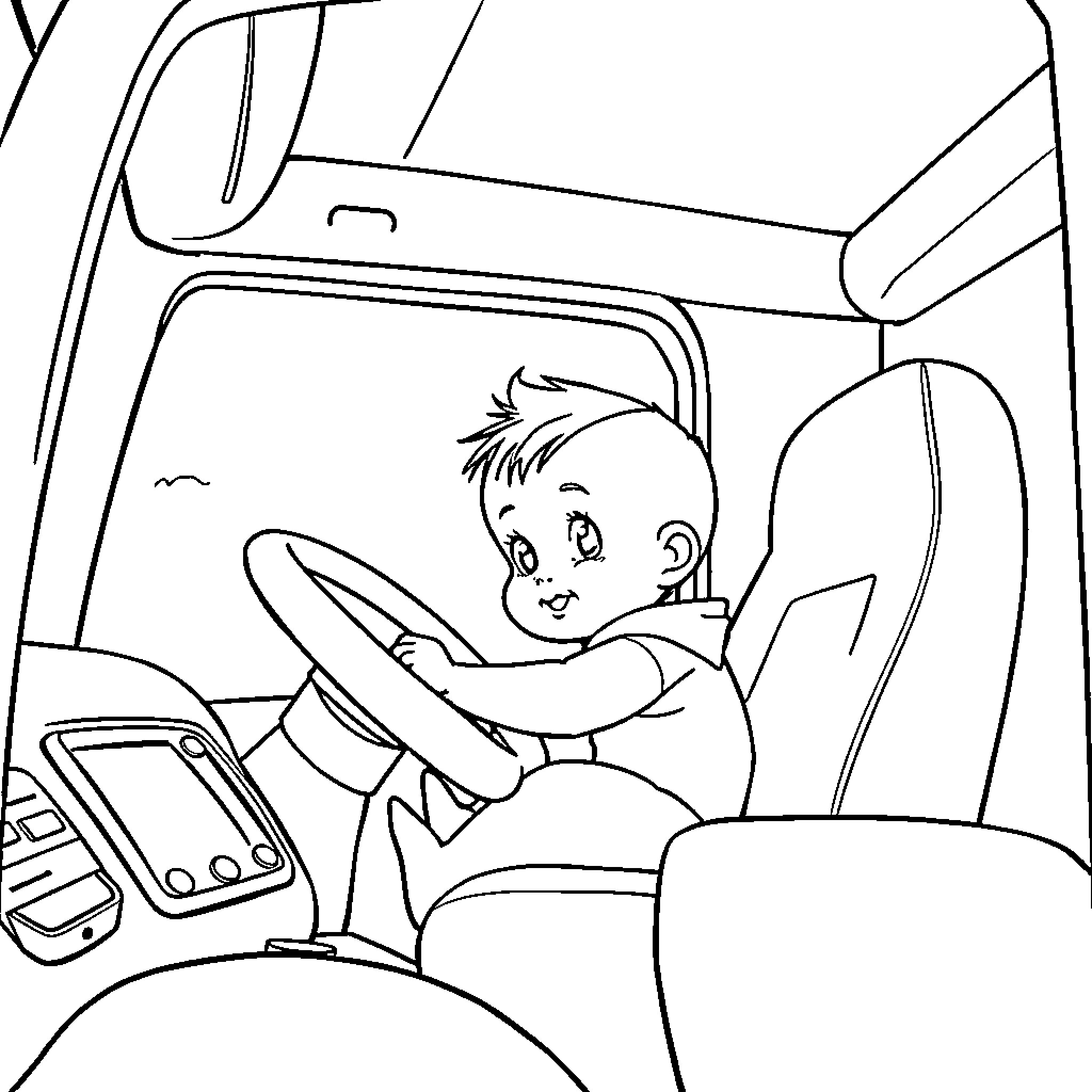 Baby driving a vehicle with excitement Coloring Page (free black-and-white line drawing printable PDF for all, from beginners to advanced learners, including children, teens, adults, and seniors)