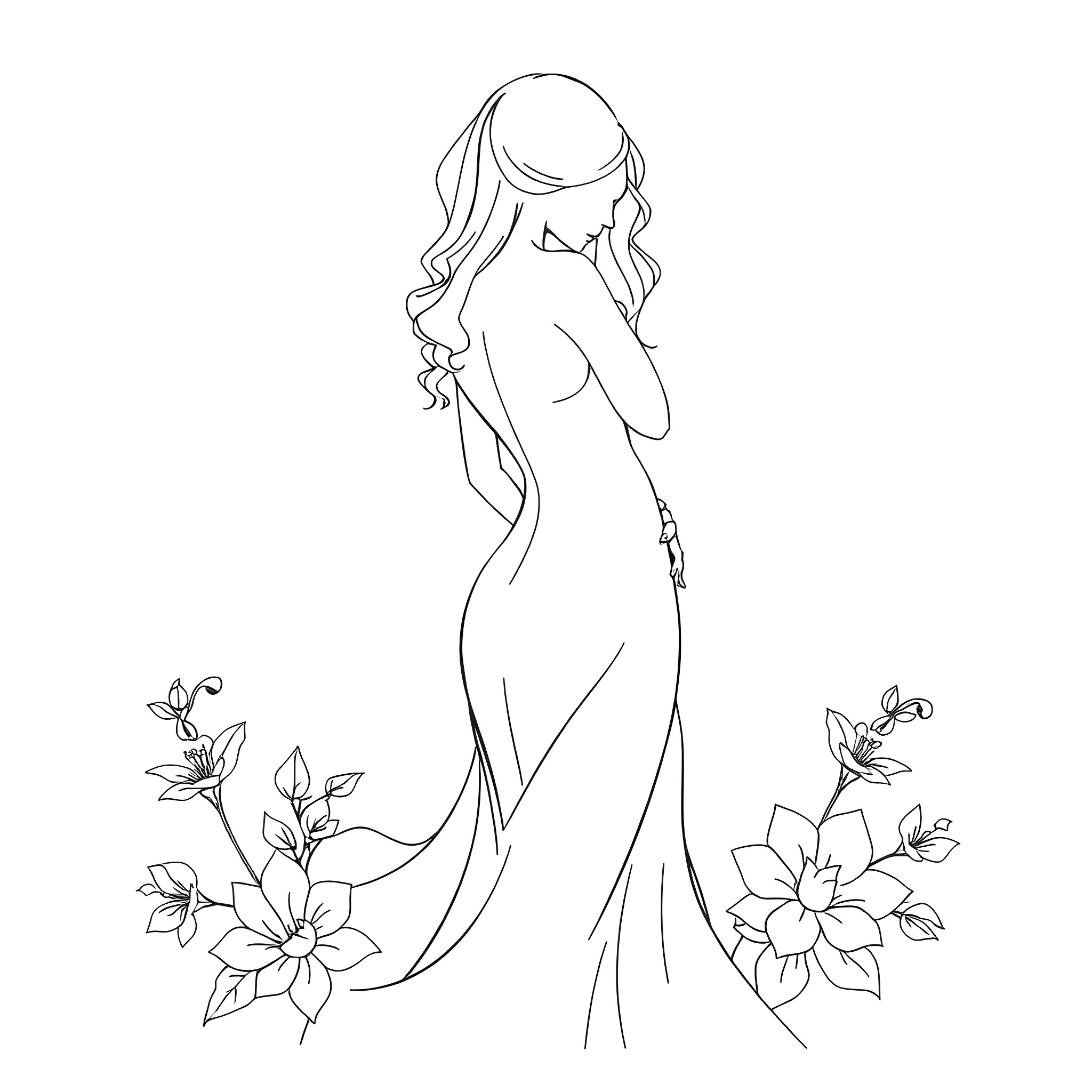 Breast beauty surrounded by flowers Coloring Page (free black-and-white line drawing printable PDF for all, from beginners to advanced learners, including children, teens, adults, and seniors)