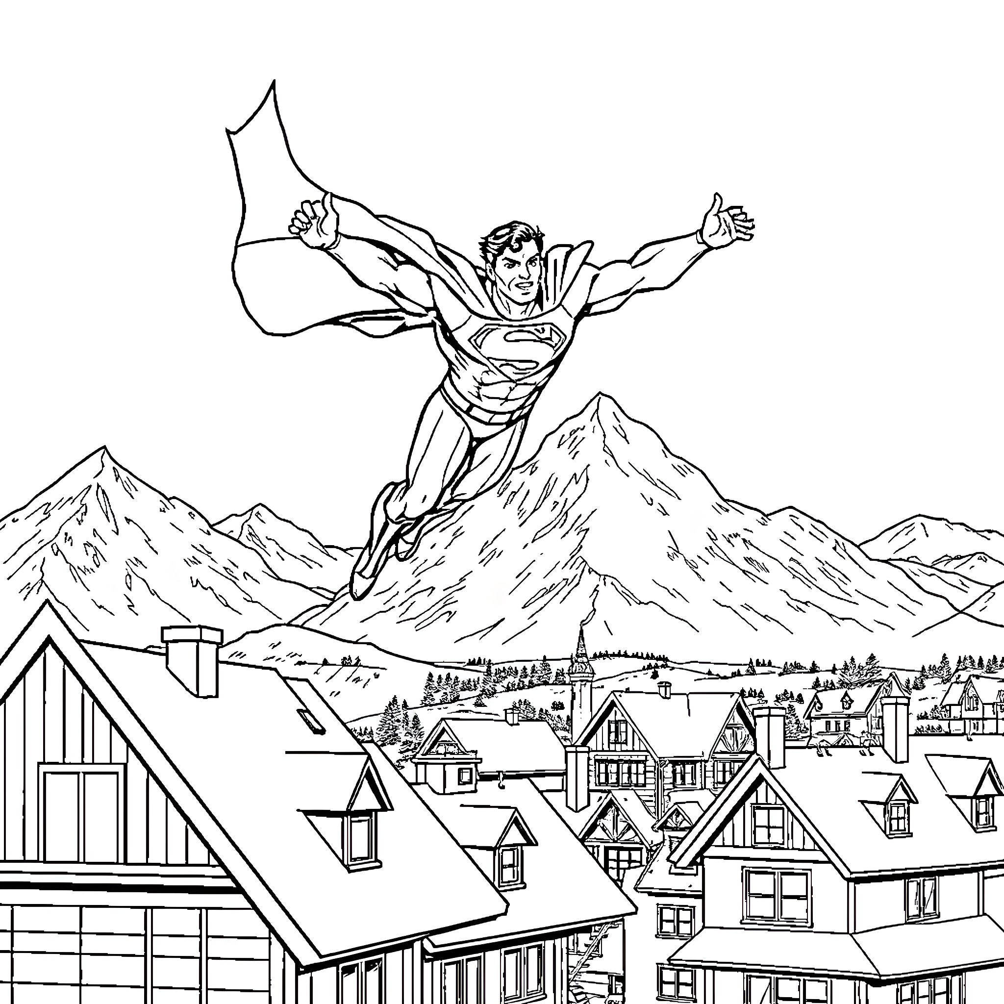 Superman soaring over a snowy mountain town Coloring Page (free black-and-white line drawing printable PDF for all, from beginners to advanced learners, including children, teens, adults, and seniors)