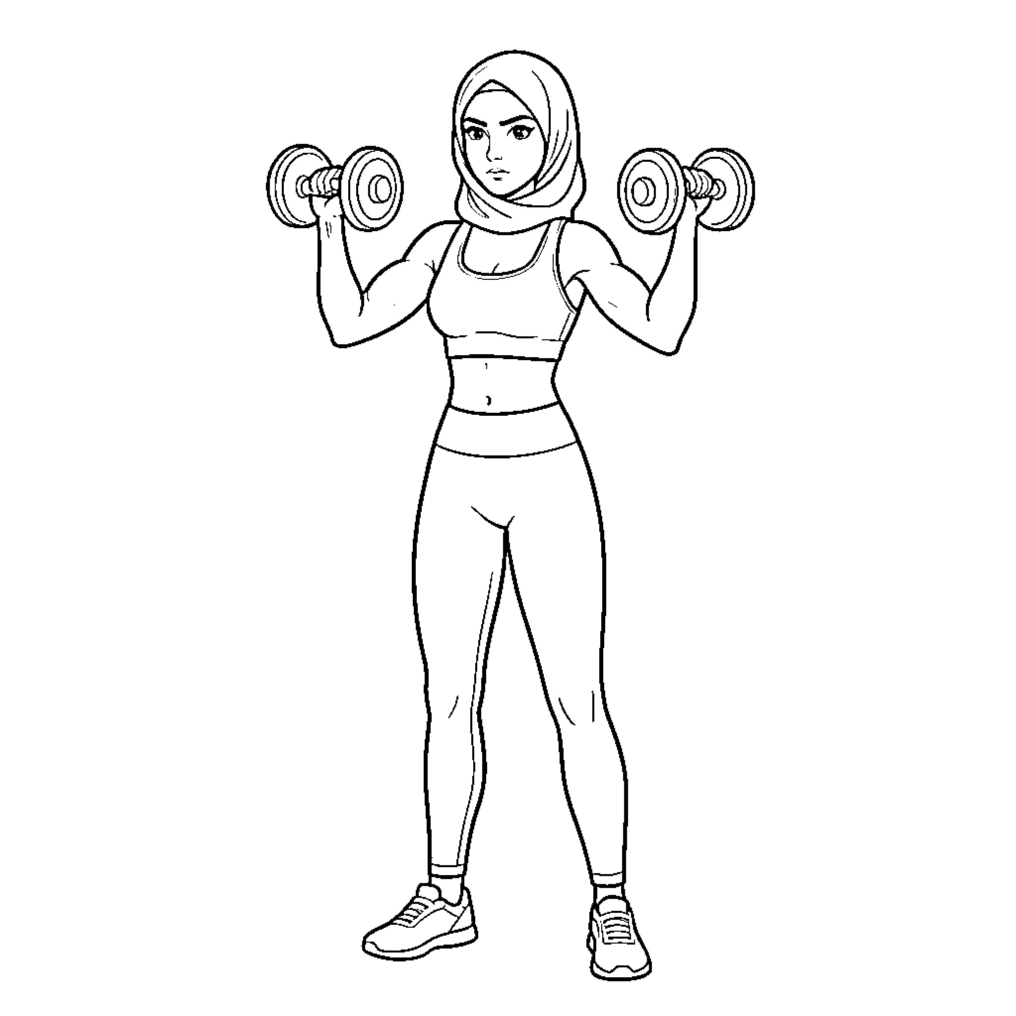 Character exercising with dumbbells Coloring Page (free black-and-white line drawing printable PDF for all, from beginners to advanced learners, including children, teens, adults, and seniors)