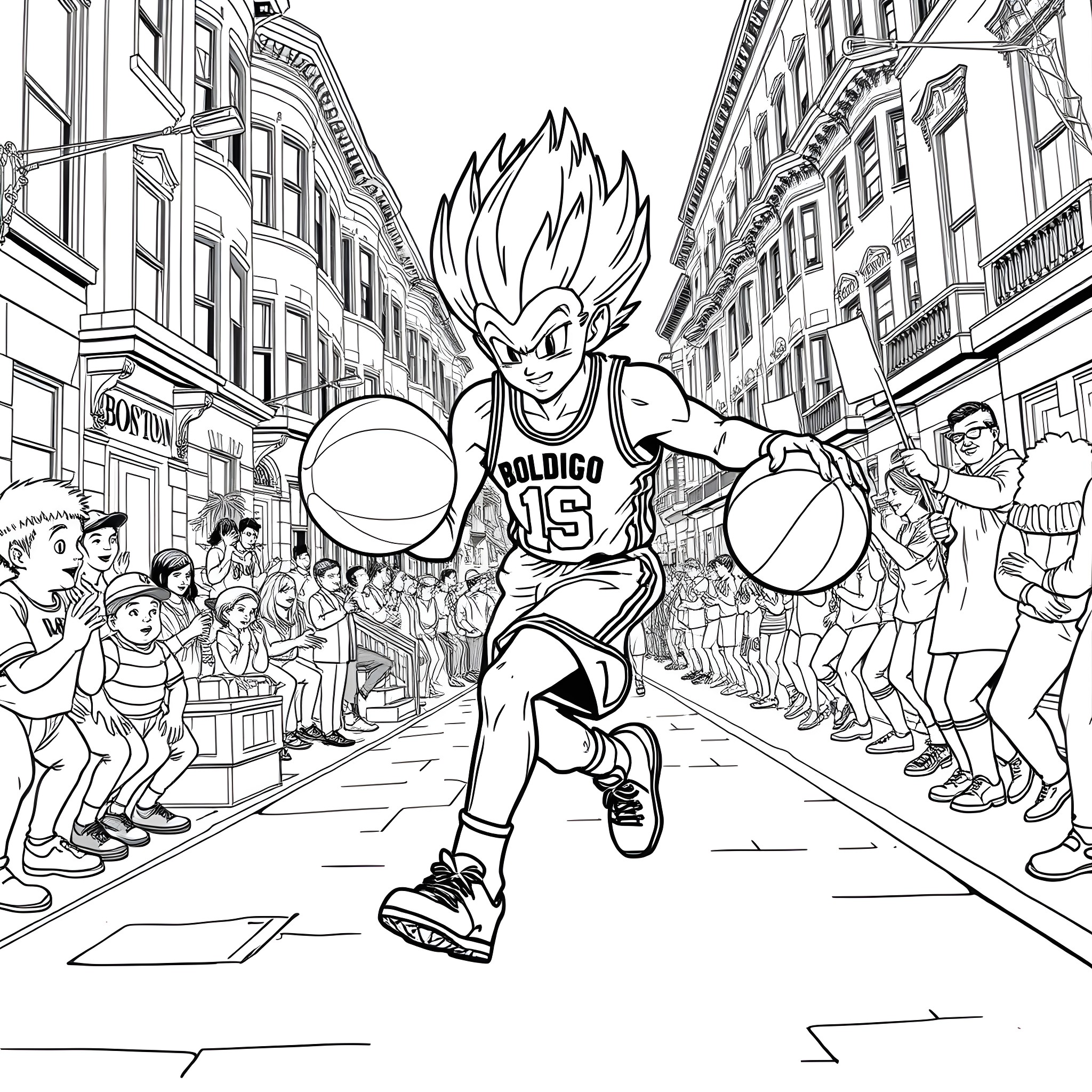 Vegeta Dribbling Basketball Amid Crowd on Street Coloring Page (free black-and-white line drawing printable PDF for all, from beginners to advanced learners, including children, teens, adults, and seniors)