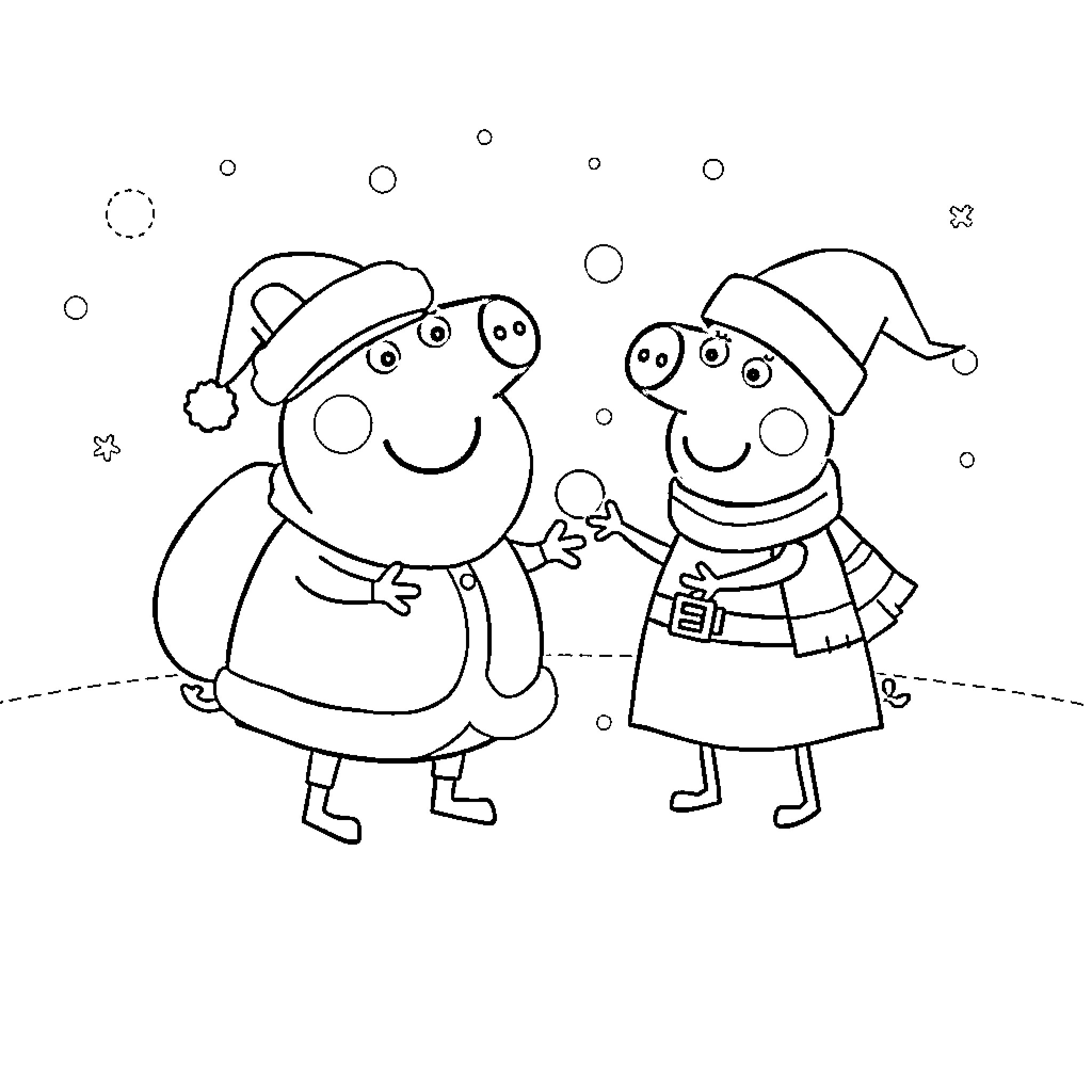 Peppa Pig and Friend in Winter Outfits Coloring Page (free black-and-white line drawing printable PDF for all, from beginners to advanced learners, including children, teens, adults, and seniors)