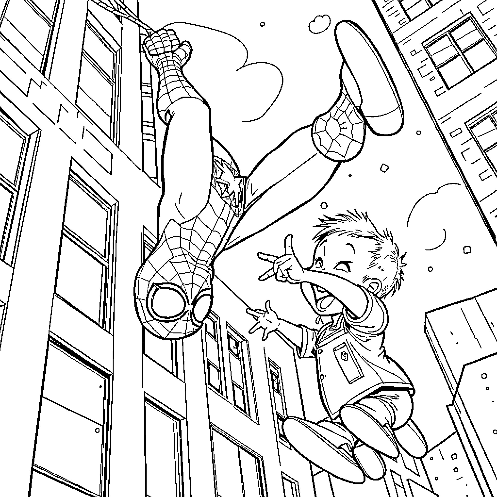 Spider-Man swinging through the city with a young child Coloring Page (free black-and-white line drawing printable PDF for all, from beginners to advanced learners, including children, teens, adults, and seniors)