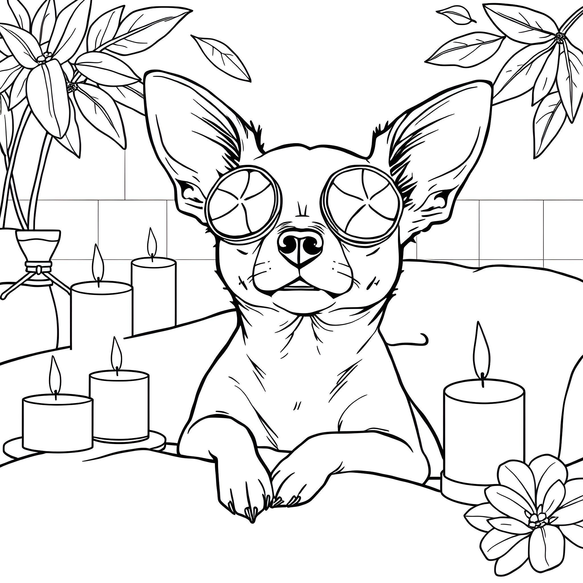 Chihuahua relaxing among flowers and candles Coloring Page (free black-and-white line drawing printable PDF for all, from beginners to advanced learners, including children, teens, adults, and seniors)