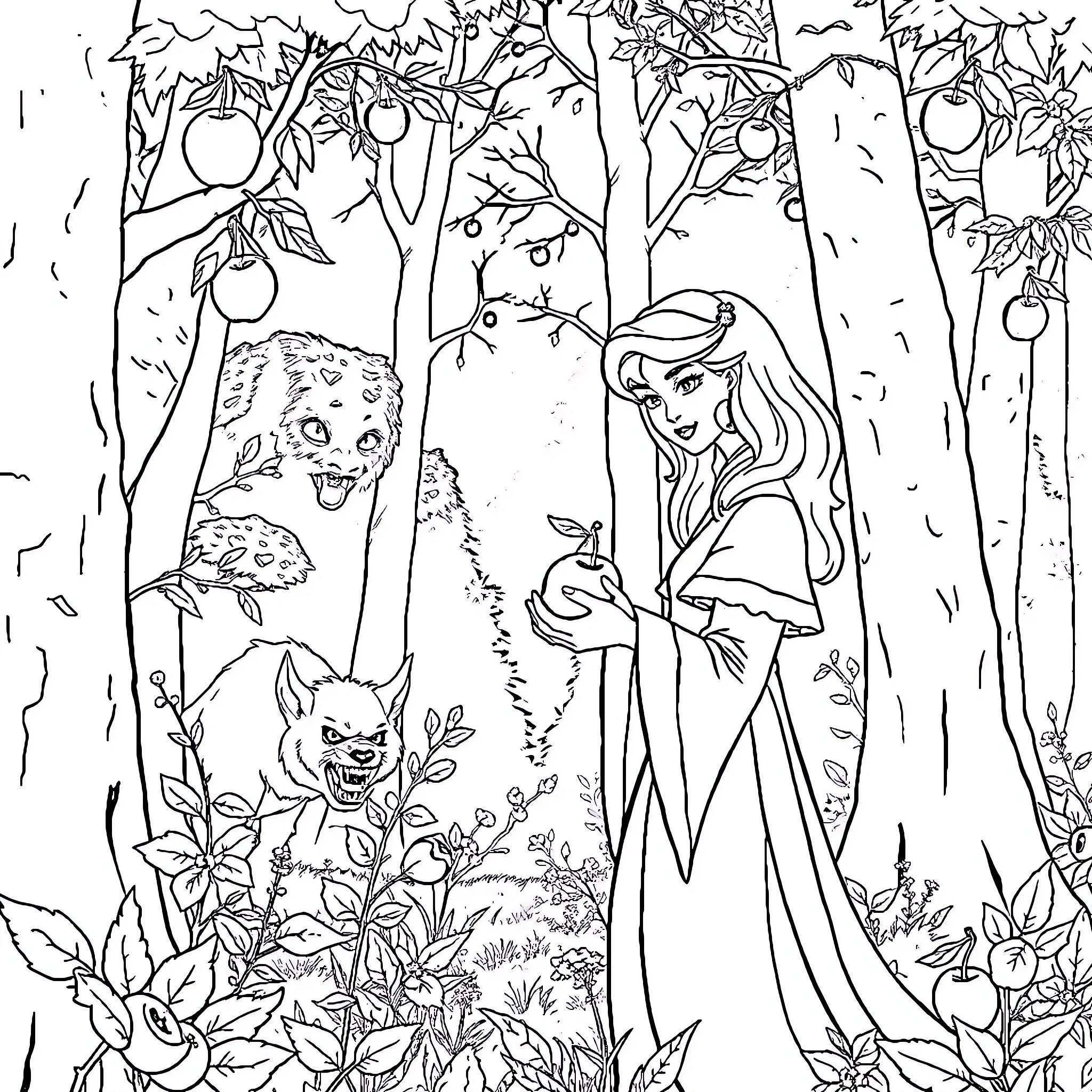 Snow White in the Enchanted Forest Coloring Page (free black-and-white line drawing printable PDF for all, from beginners to advanced learners, including children, teens, adults, and seniors)