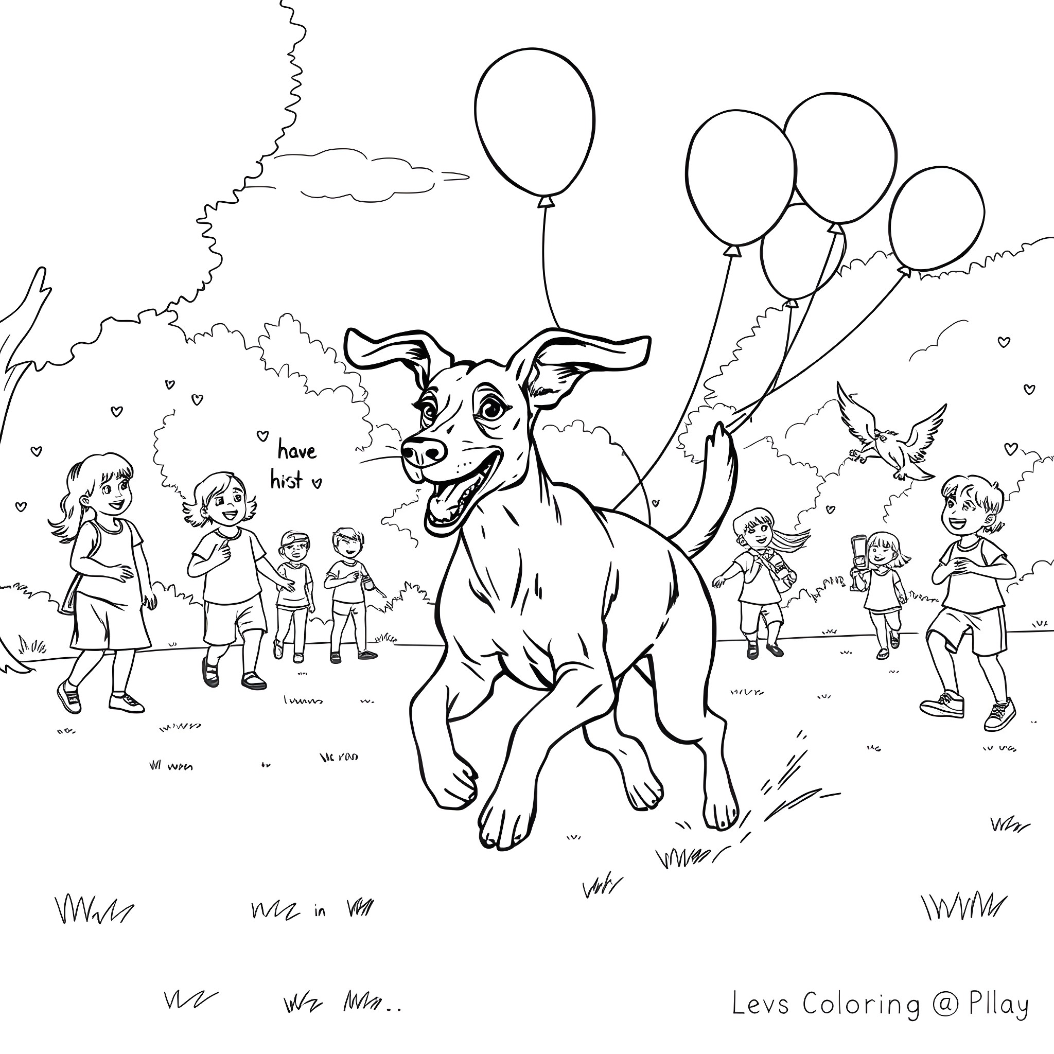 Lurcher dog playing happily with children in the park Coloring Page (free black-and-white line drawing printable PDF for all, from beginners to advanced learners, including children, teens, adults, and seniors)