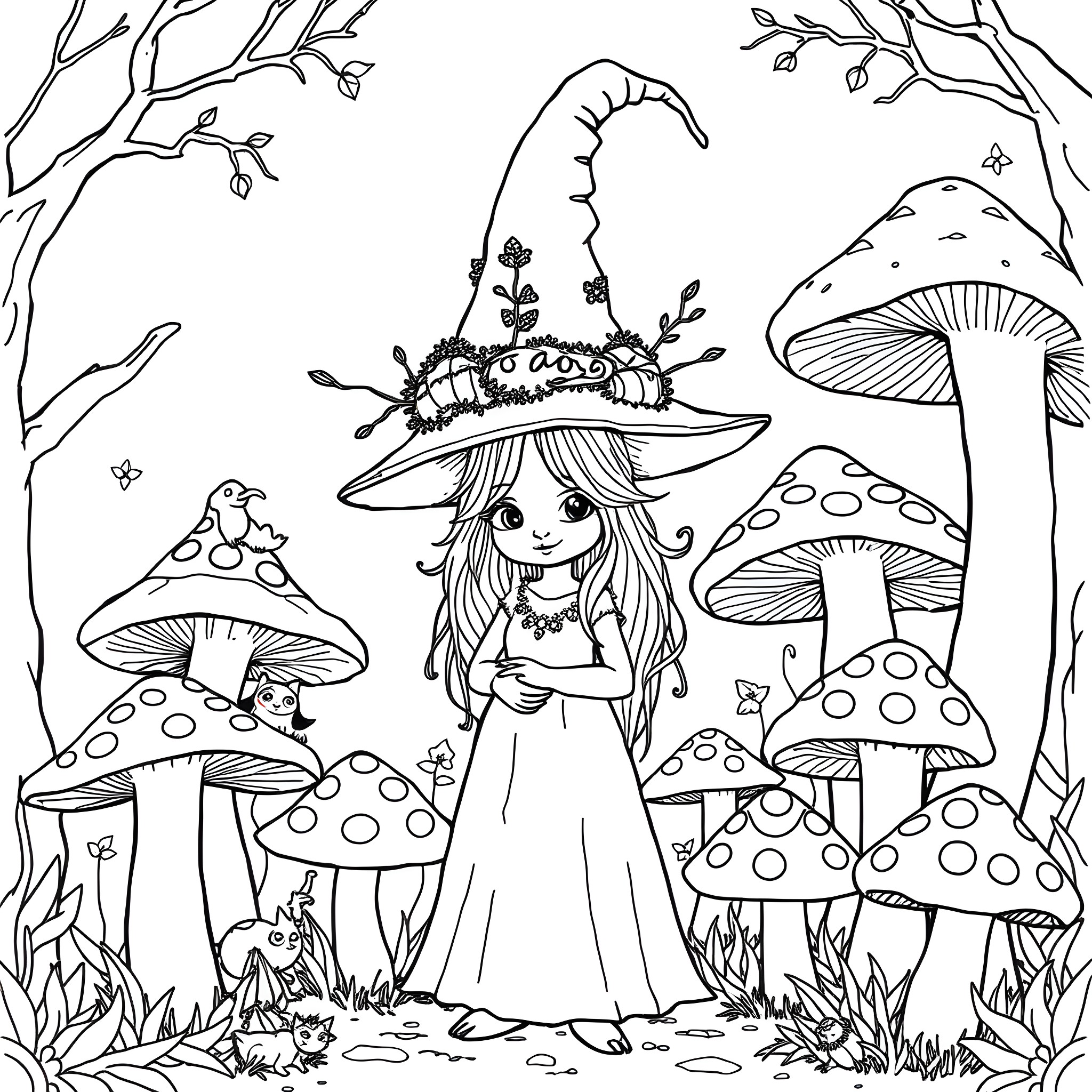 Mushroom Witch in the Enchanted Forest Coloring Page (free black-and-white line drawing printable PDF for all, from beginners to advanced learners, including children, teens, adults, and seniors)
