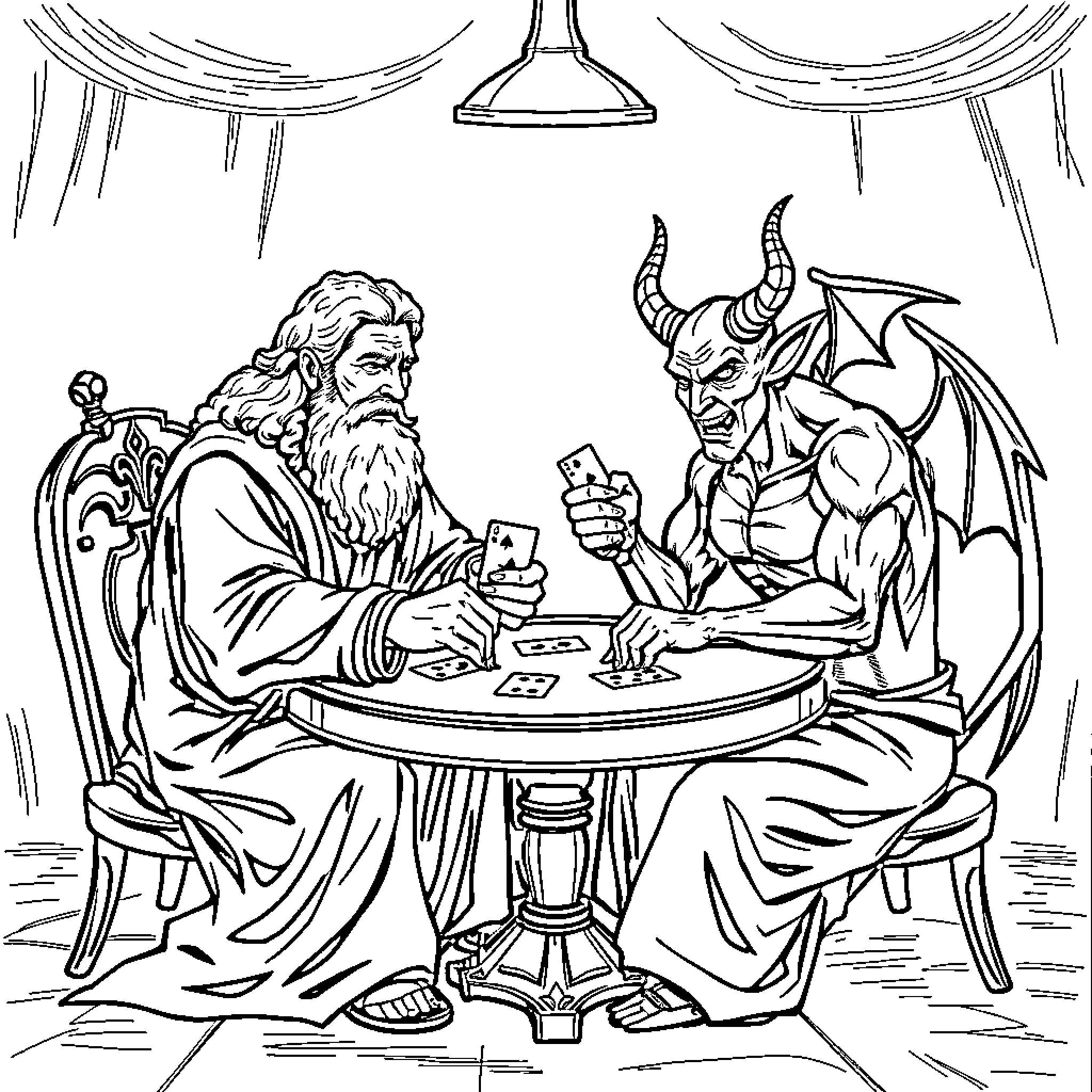 God and the Devil playing a game at the table Coloring Page (free black-and-white line drawing printable PDF for all, from beginners to advanced learners, including children, teens, adults, and seniors)