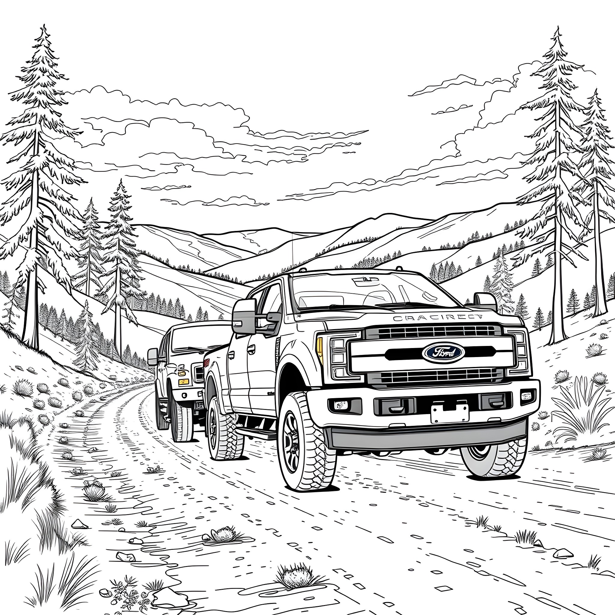 Truck towing another vehicle through rugged mountain landscape Coloring Page (free black-and-white line drawing printable PDF for all, from beginners to advanced learners, including children, teens, adults, and seniors)