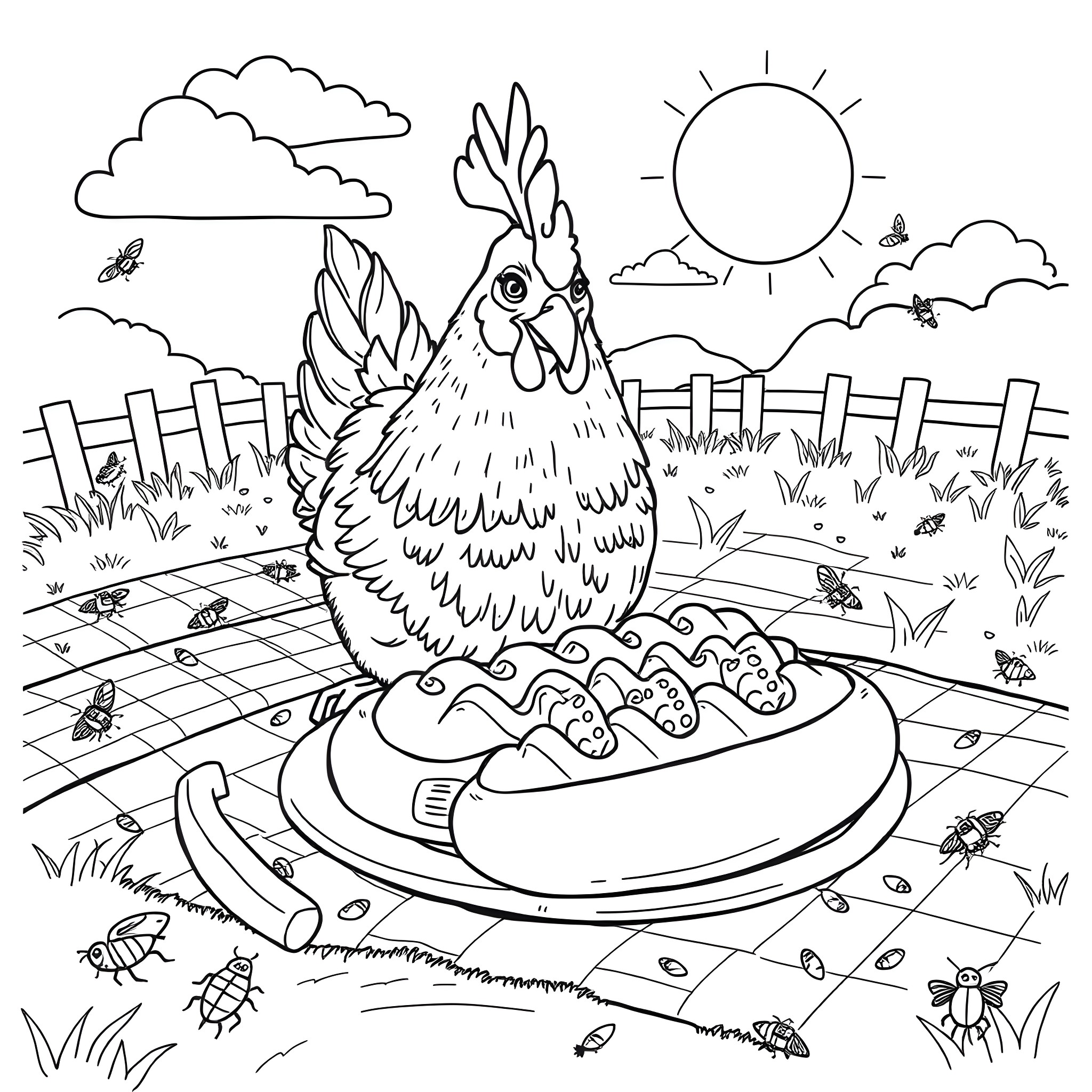 Chicken enjoying a hearty meal outdoors Coloring Page (free black-and-white line drawing printable PDF for all, from beginners to advanced learners, including children, teens, adults, and seniors)