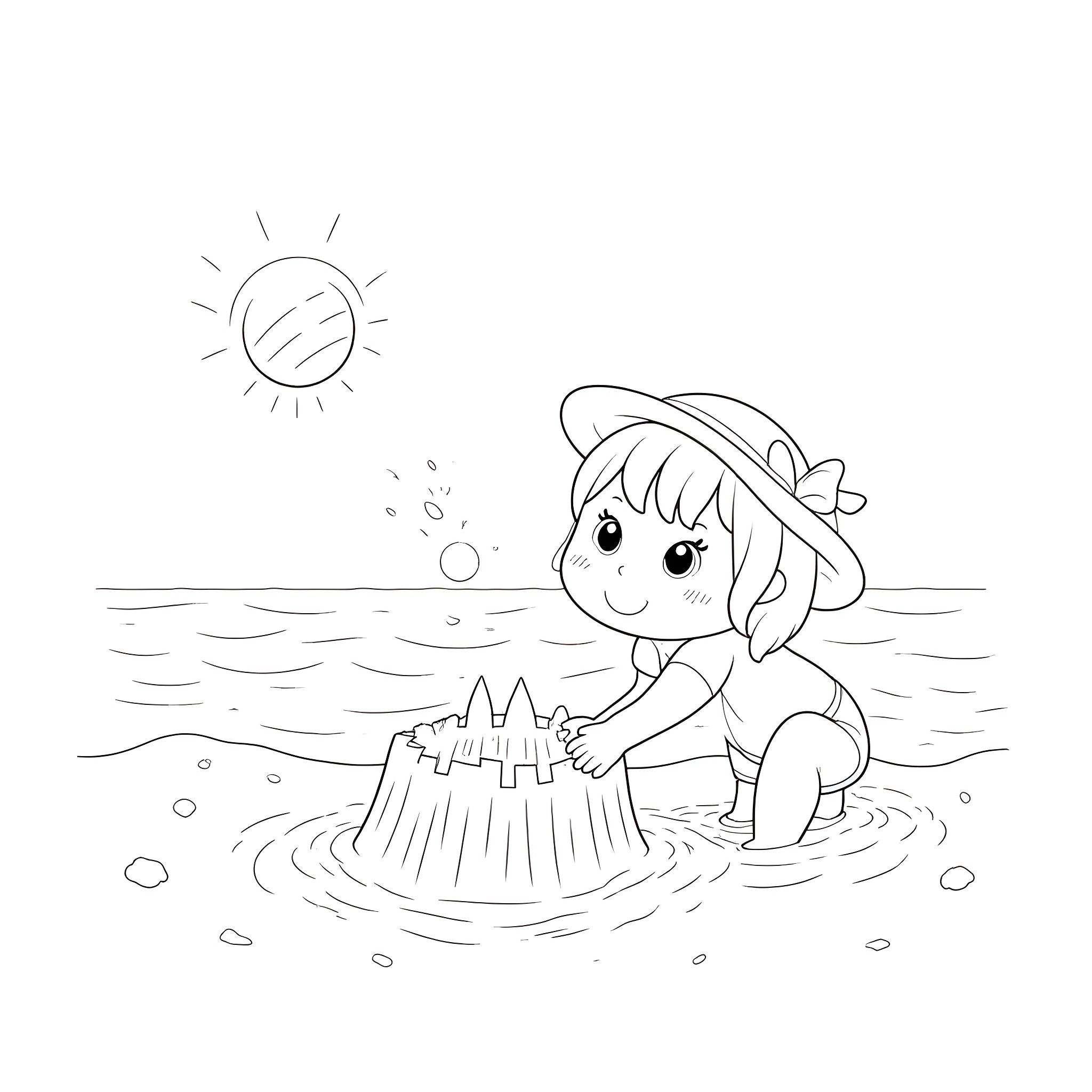 JJ Playing in the Beach Coloring Page (free black-and-white line drawing printable PDF for all, from beginners to advanced learners, including children, teens, adults, and seniors)