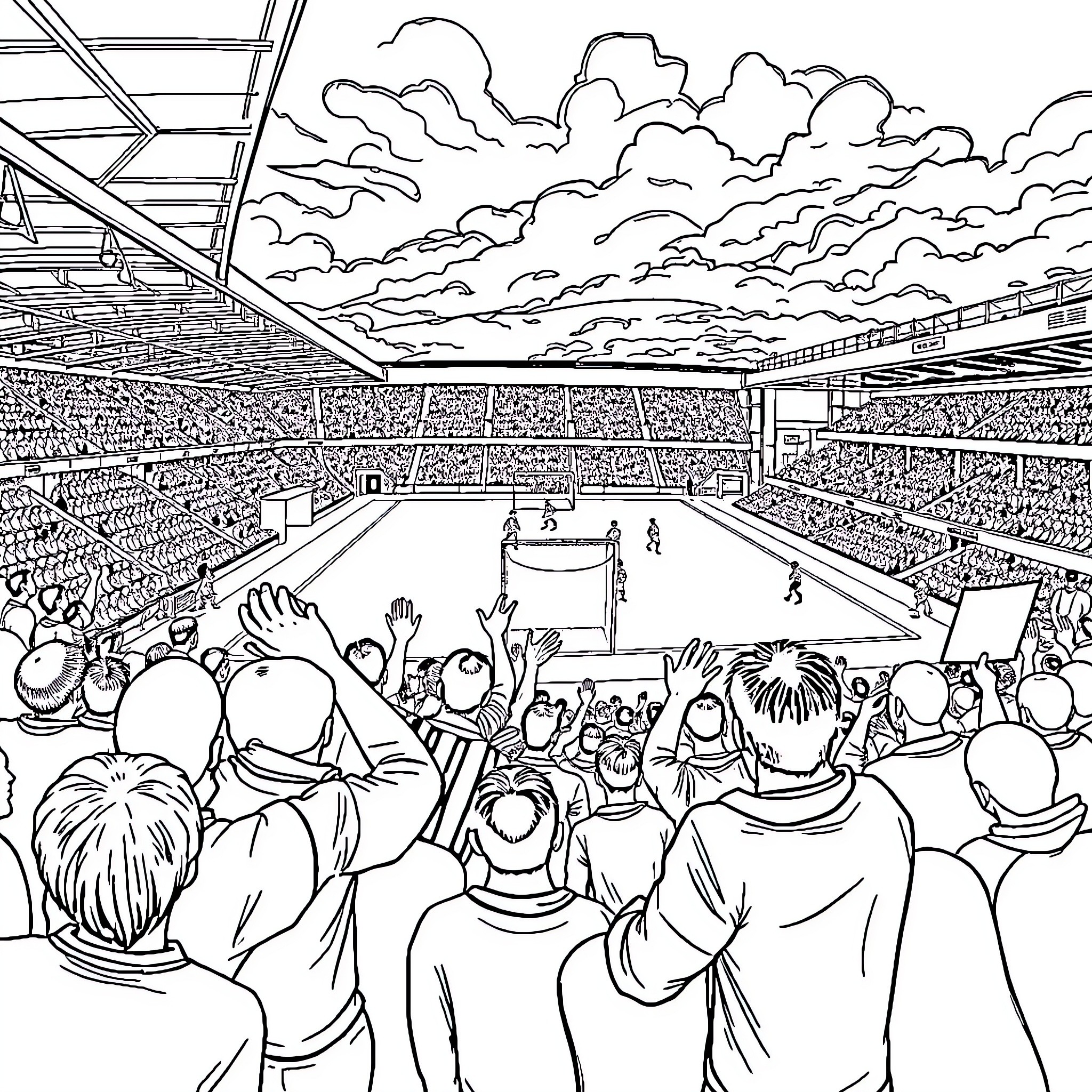 Oldham Athletic supporters in an animated stadium scene Coloring Page (free black-and-white line drawing printable PDF for all, from beginners to advanced learners, including children, teens, adults, and seniors)