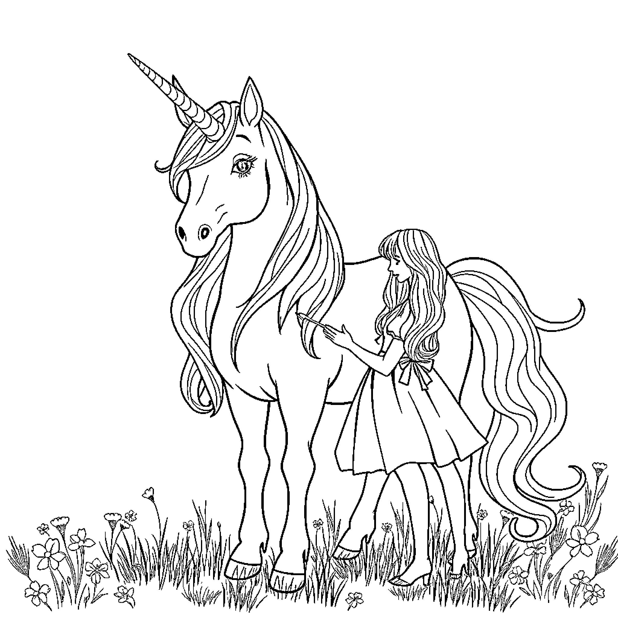 Unicorn and Girl Sharing a Magical Moment Coloring Page (free black-and-white line drawing printable PDF for all, from beginners to advanced learners, including children, teens, adults, and seniors)