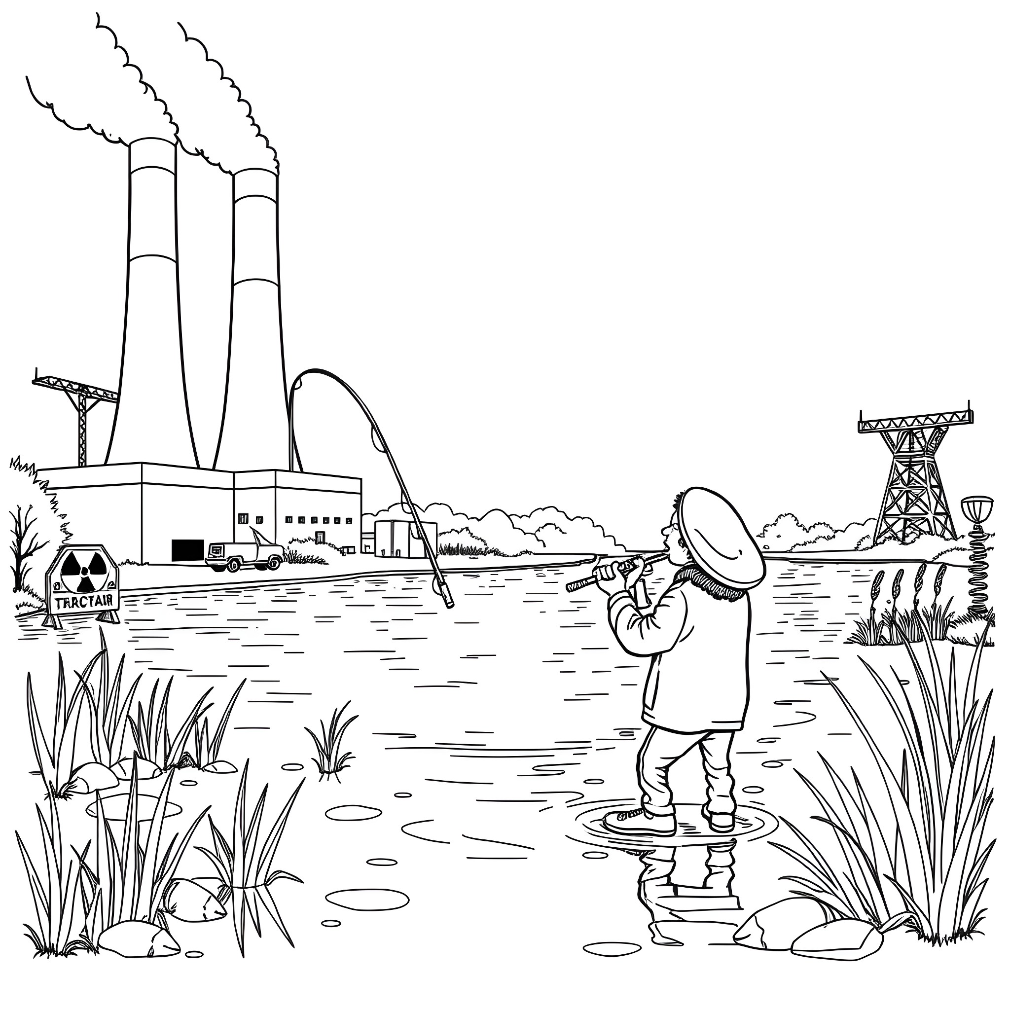 Taco vendor in a polluted industrial landscape Coloring Page (free black-and-white line drawing printable PDF for all, from beginners to advanced learners, including children, teens, adults, and seniors)