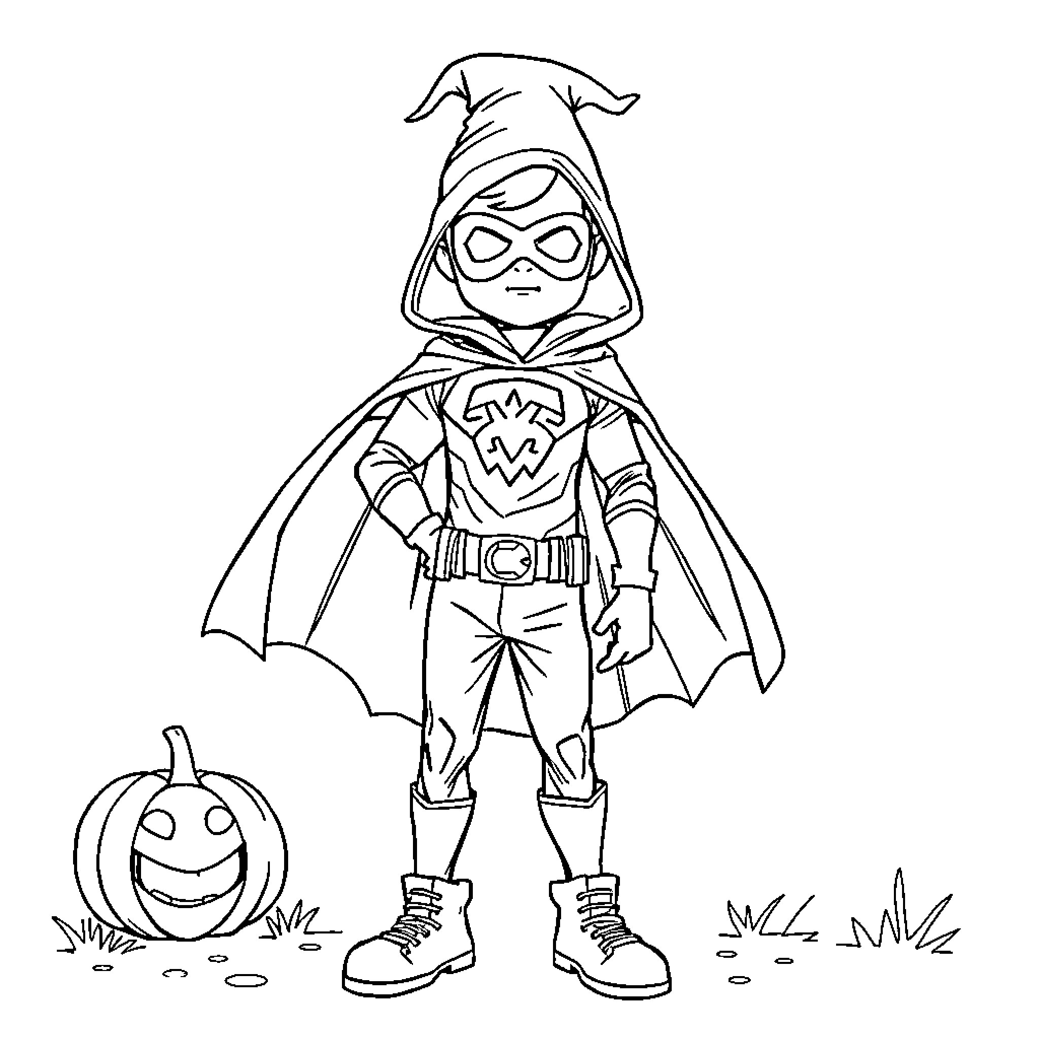 Halloween Superhero in Costume with Pumpkin Coloring Page (free black-and-white line drawing printable PDF for all, from beginners to advanced learners, including children, teens, adults, and seniors)
